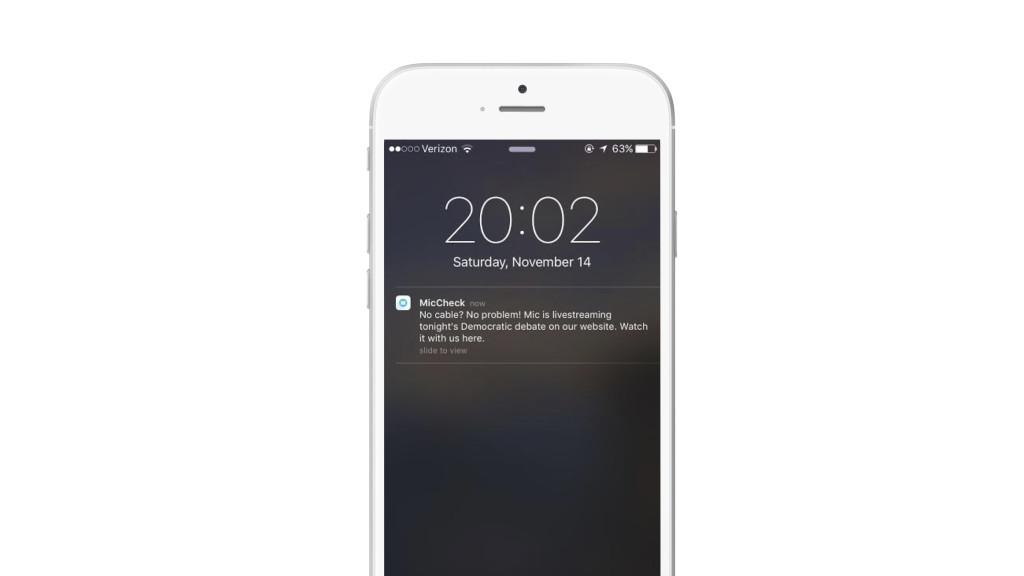 A smartphone screen displaying a notification from McCheck about a livestreaming event for a democratic debate. The time is 20:02 on Saturday, November 14.