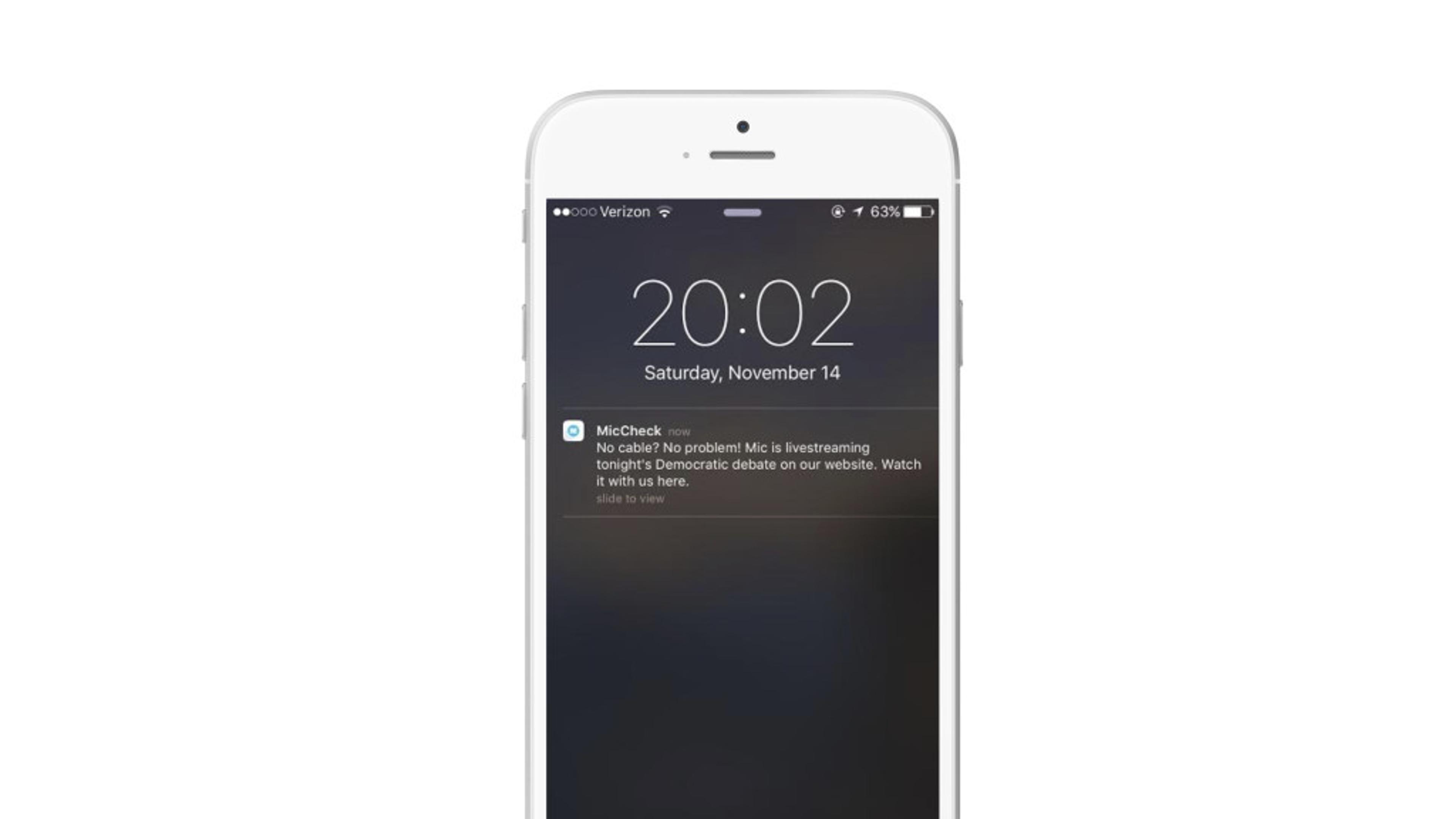 A smartphone screen displaying a notification from McCheck about a livestreaming event for a democratic debate. The time is 20:02 on Saturday, November 14.