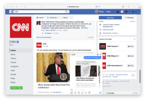 A screenshot of a Facebook page featuring CNN's logo and a post about a press conference with Donald Trump. The layout includes a news feed and a sidebar with additional links.