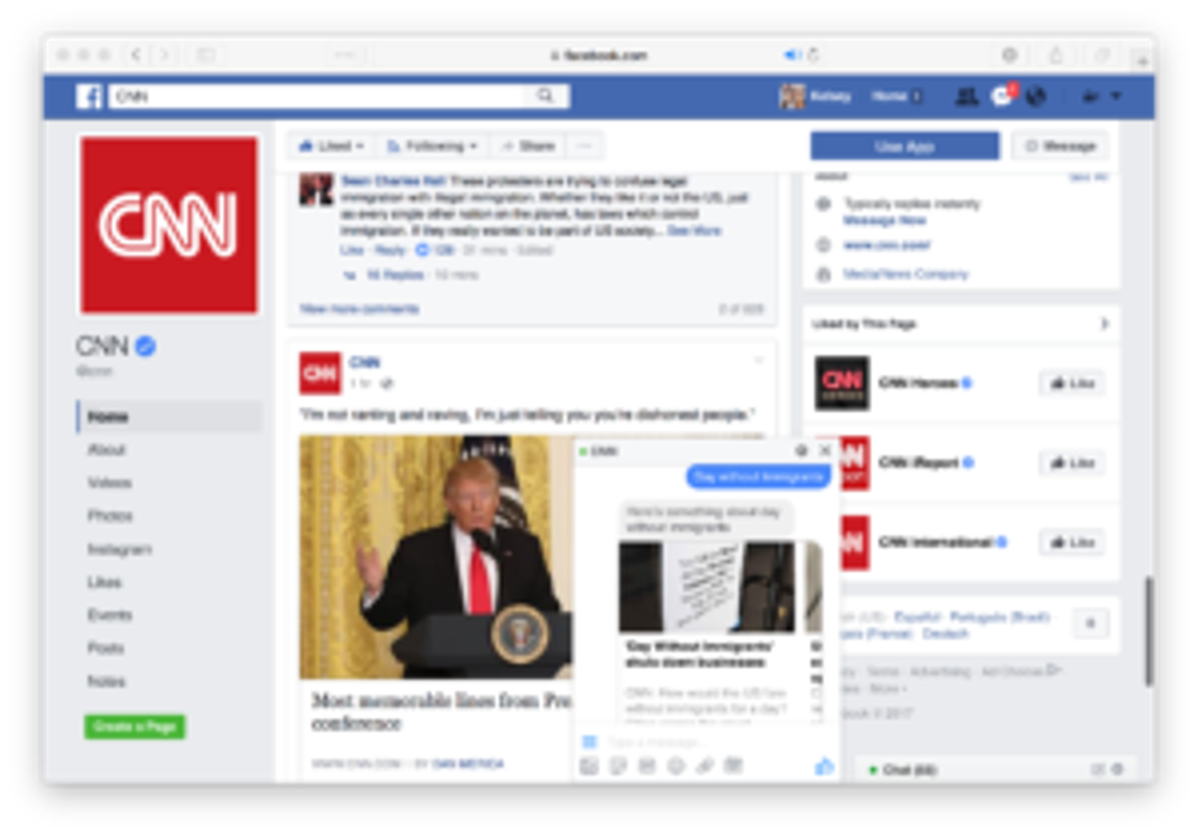 A screenshot of a Facebook page featuring CNN's logo and a post about a press conference with Donald Trump. The layout includes a news feed and a sidebar with additional links.