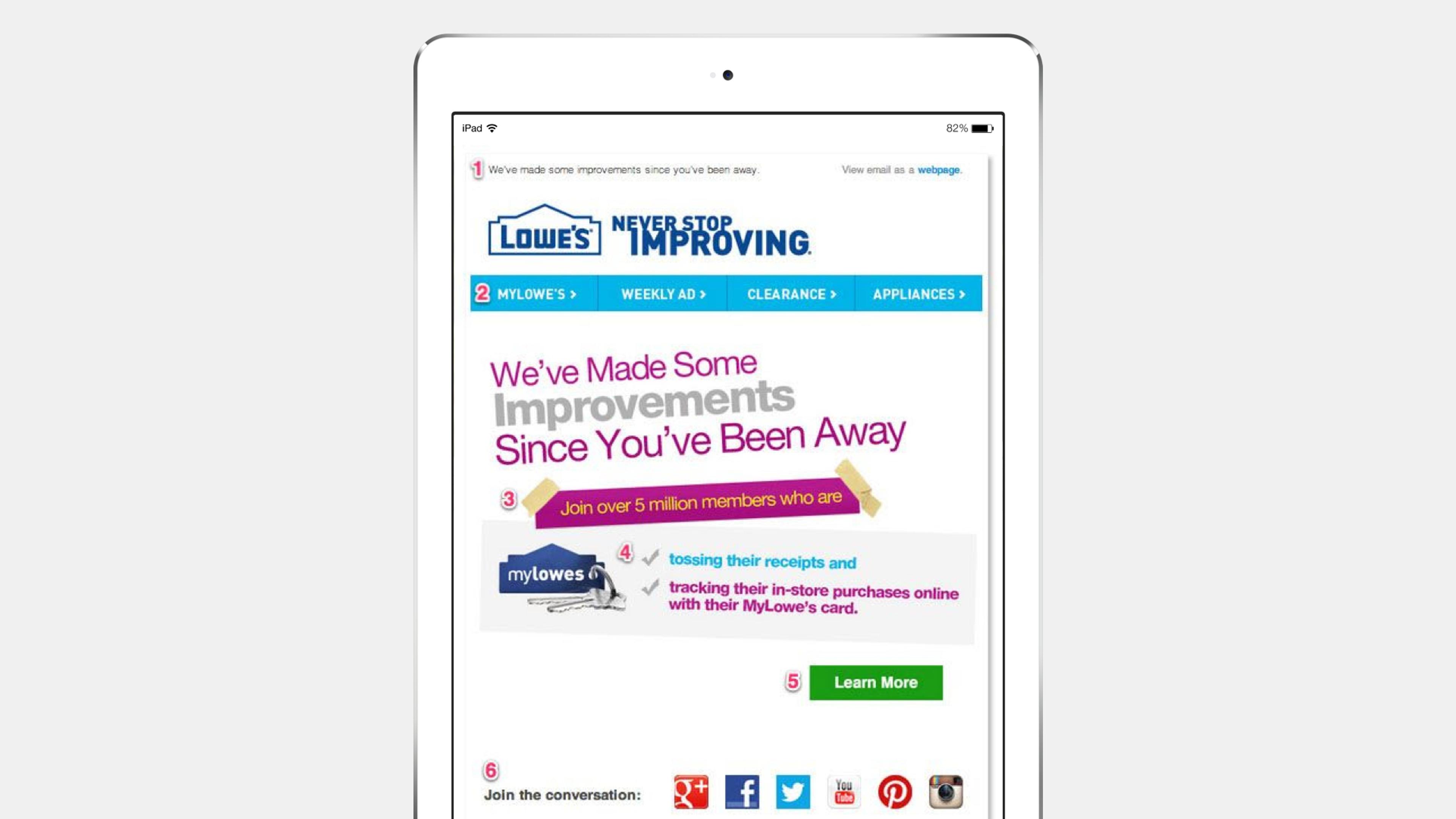 A tablet displaying the Lowe's website, featuring a message about improvements and a call to join MyLowe's. The layout includes navigation options and social media icons.