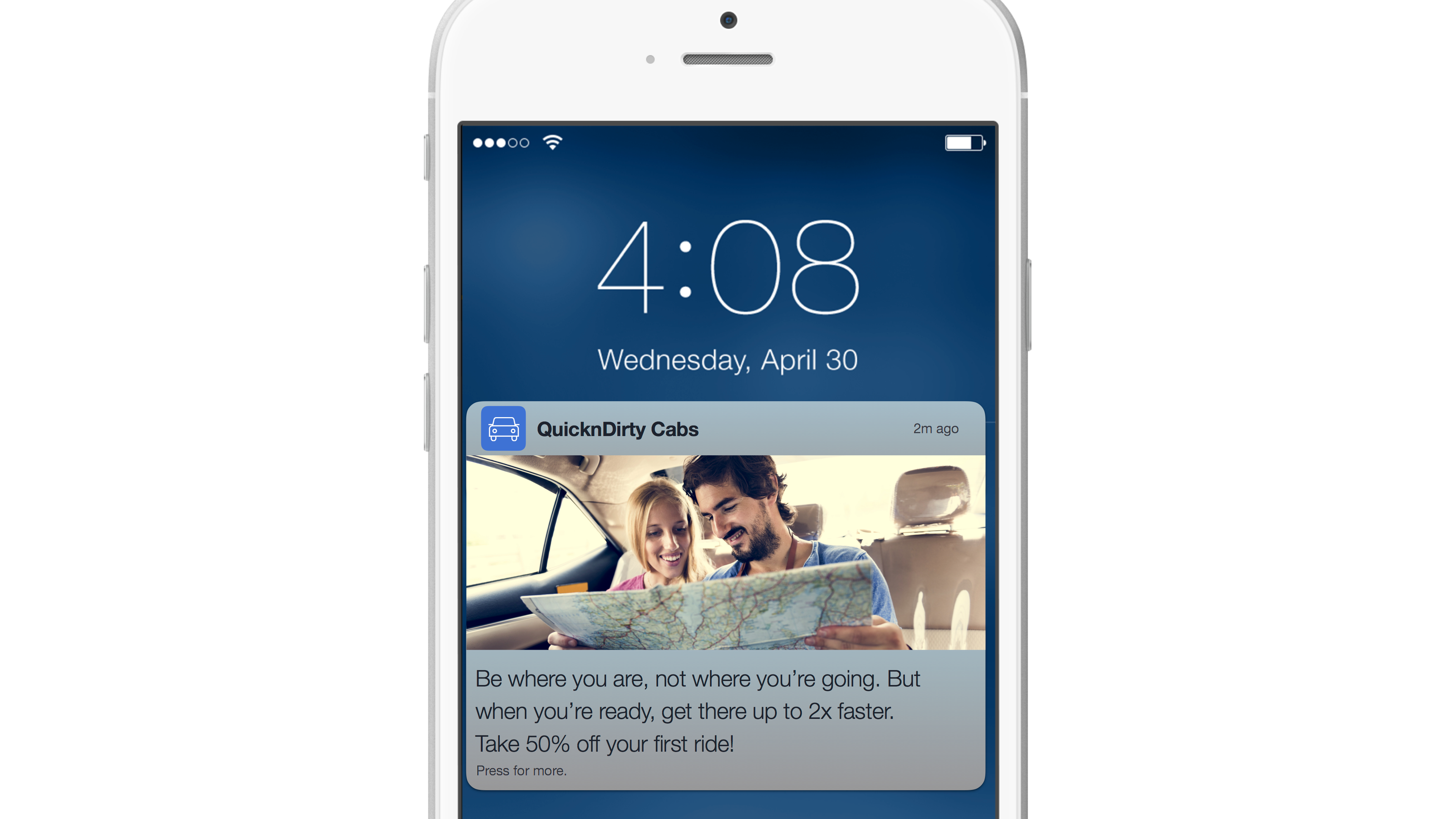 A smartphone displaying a notification from QuicknDirty Cabs about a 50% discount on the first ride, with a couple looking at a map in the background. The time is 4:08 on Wednesday, April 30.