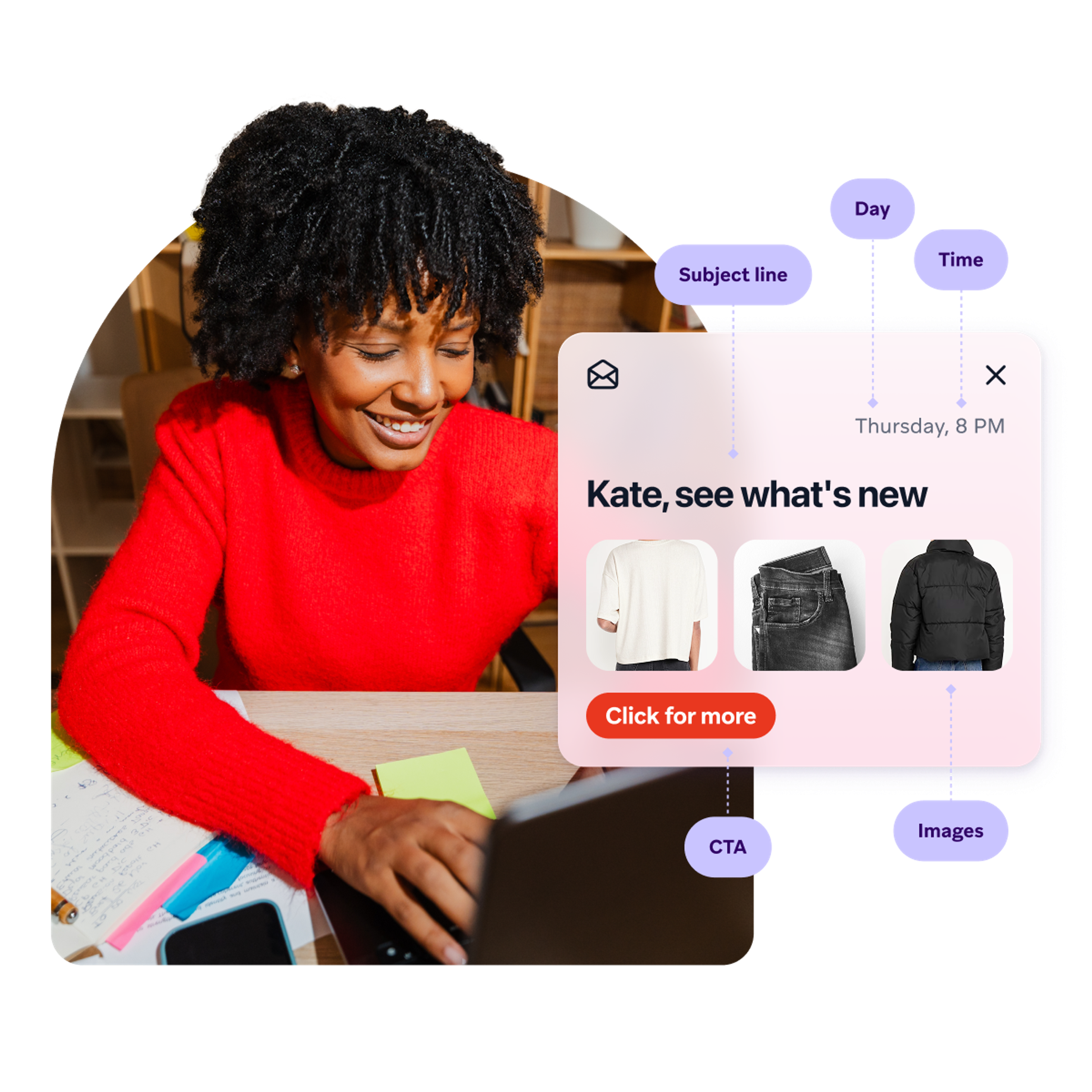 Smiling woman works on a laptop beside prompts to create dynamic segments, write personalized emails, find product affinities, and respond in real time.