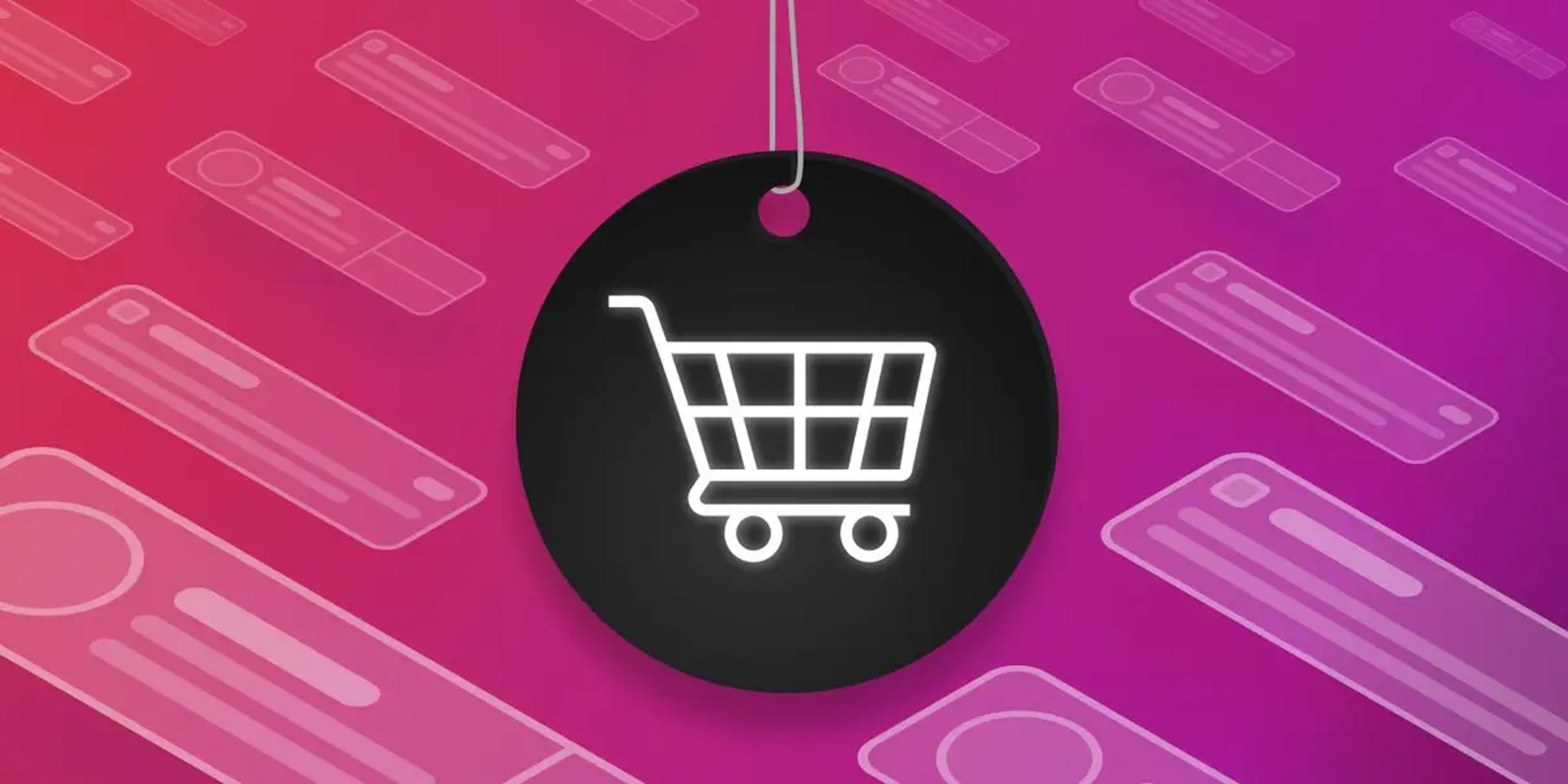 Uma etiqueta preta com um ícone branco de carrinho de compras, pendurada em um fundo rosa e roxo com formas digitais abstratas.