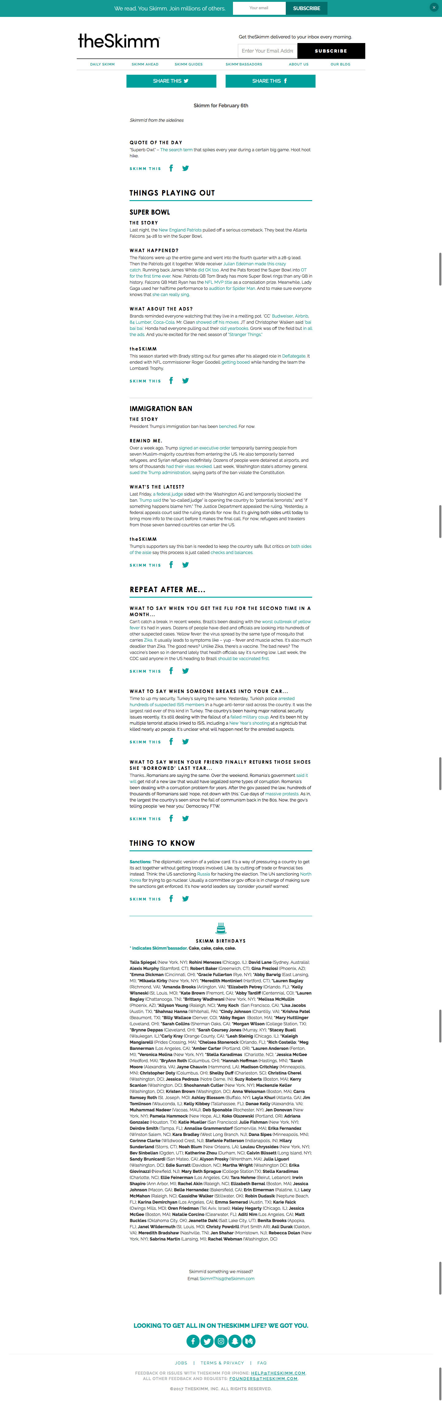 A webpage from theSkimm featuring various articles and sections, including topics like immigration and events. The layout includes headings, links, and a newsletter sign-up option.