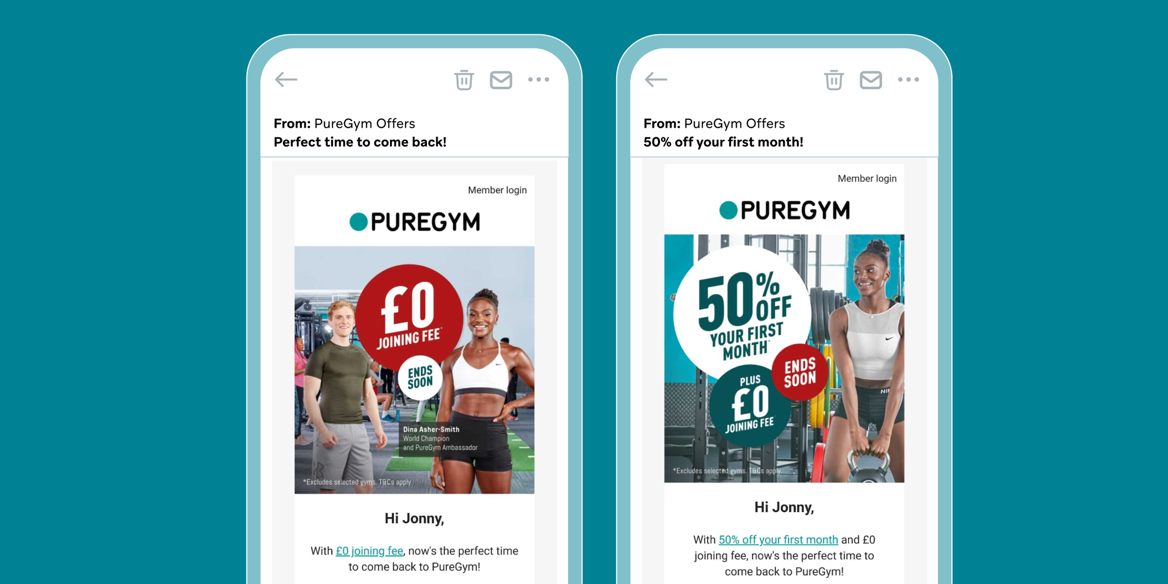Two PureGym promotional emails displayed on phones, offering a £0 joining fee and 50% off the first month.