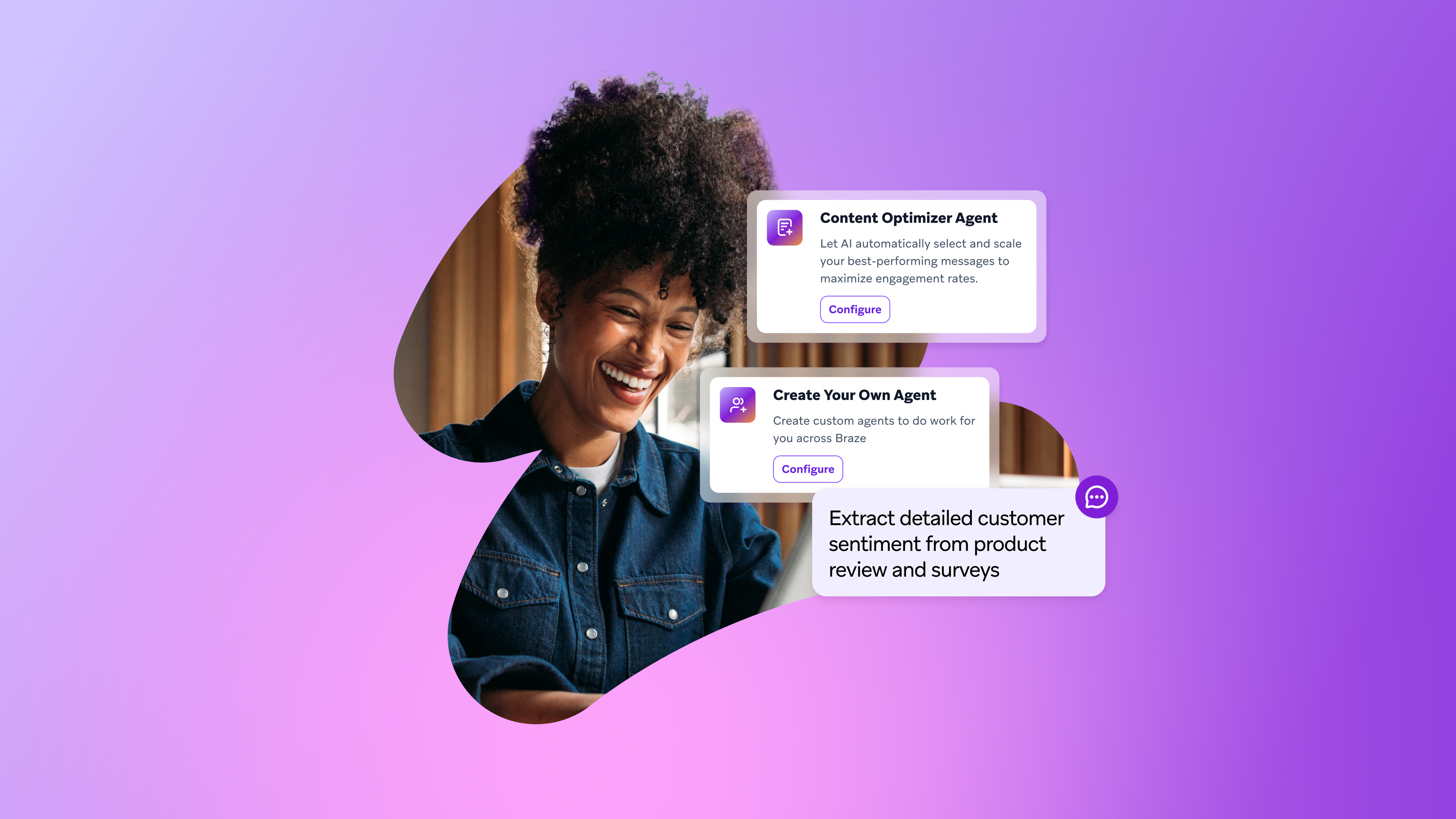 Smiling woman looking at UI cards for AI agents, including content optimization and sentiment analysis.