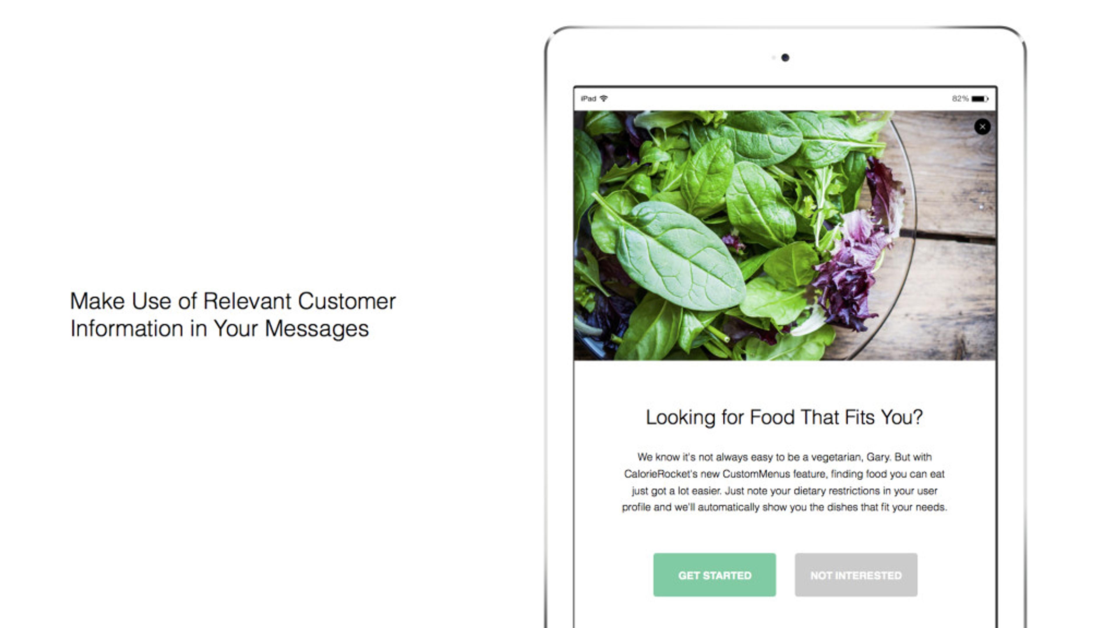 A tablet displays a message about finding suitable food options for vegetarians, featuring a background of fresh greens. The text encourages users to utilize customer information for personalized messaging.
