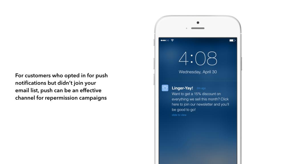A smartphone displaying a push notification about a discount offer for email subscribers. The time is 4:08 PM on Wednesday, April 30.