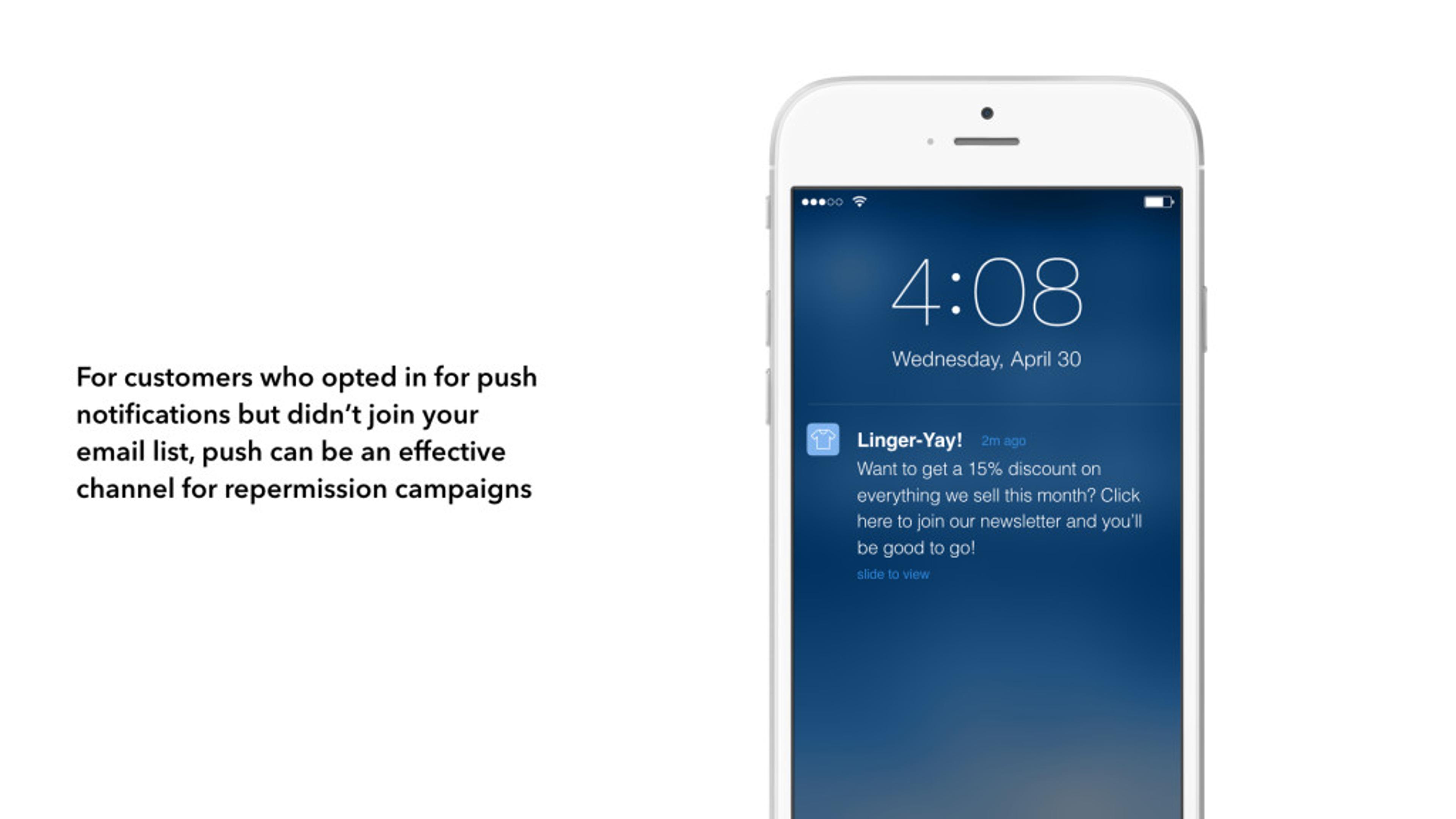 A smartphone displaying a push notification about a discount offer for email subscribers. The time is 4:08 PM on Wednesday, April 30.