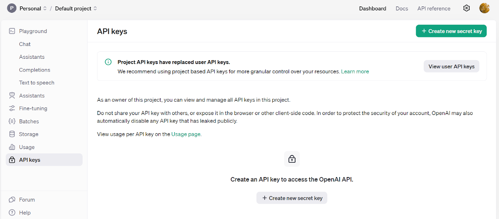 a screenshot of the api keys page on a website