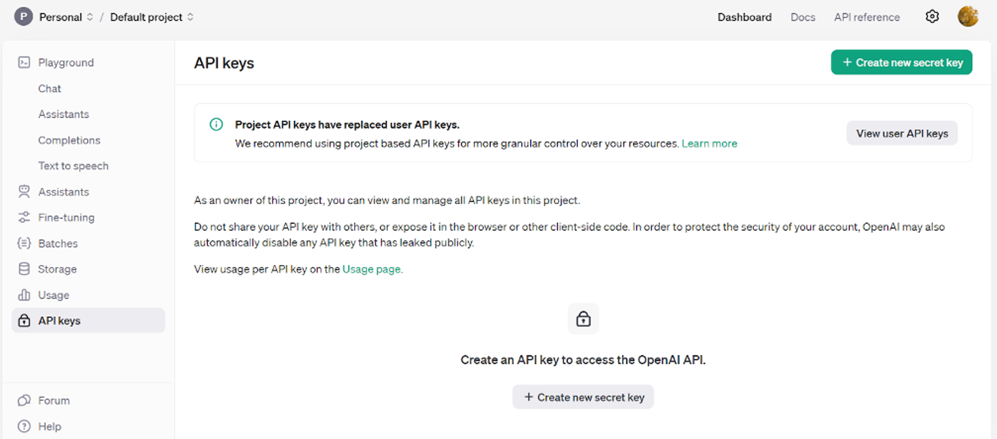 a screenshot of the api keys page on a website