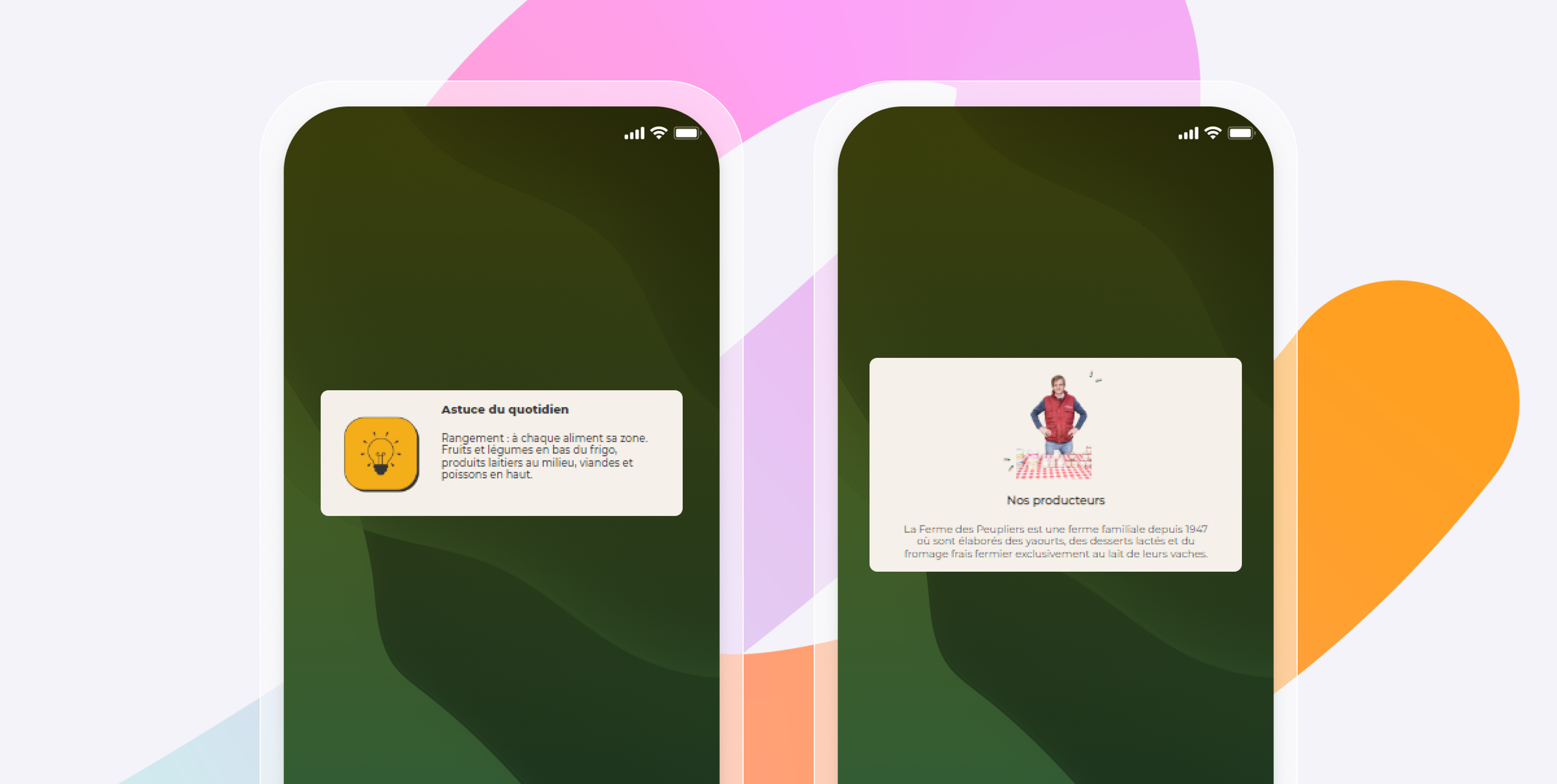 Two mobile app screens display an 'Astuce du quotidien' (daily tip) with a lightbulb icon and text on food organization, and 'Nos producteurs' (our producers) with a man's image and farm details.