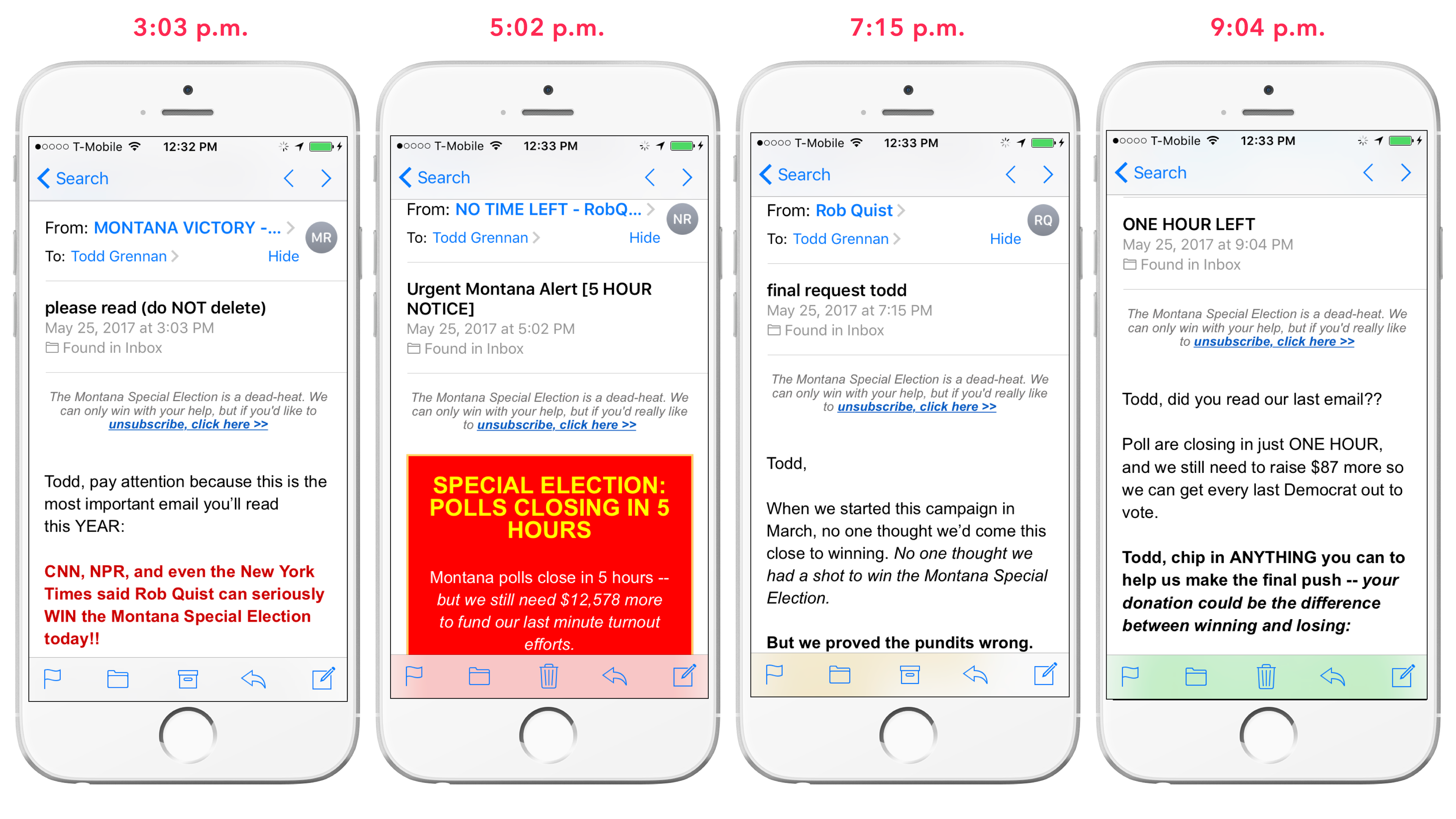 Four smartphone screens displaying email notifications about a special election in Montana, with varying timestamps and urgent messages regarding polling deadlines. The emails emphasize the importance of voting and provide reminders to the recipient.