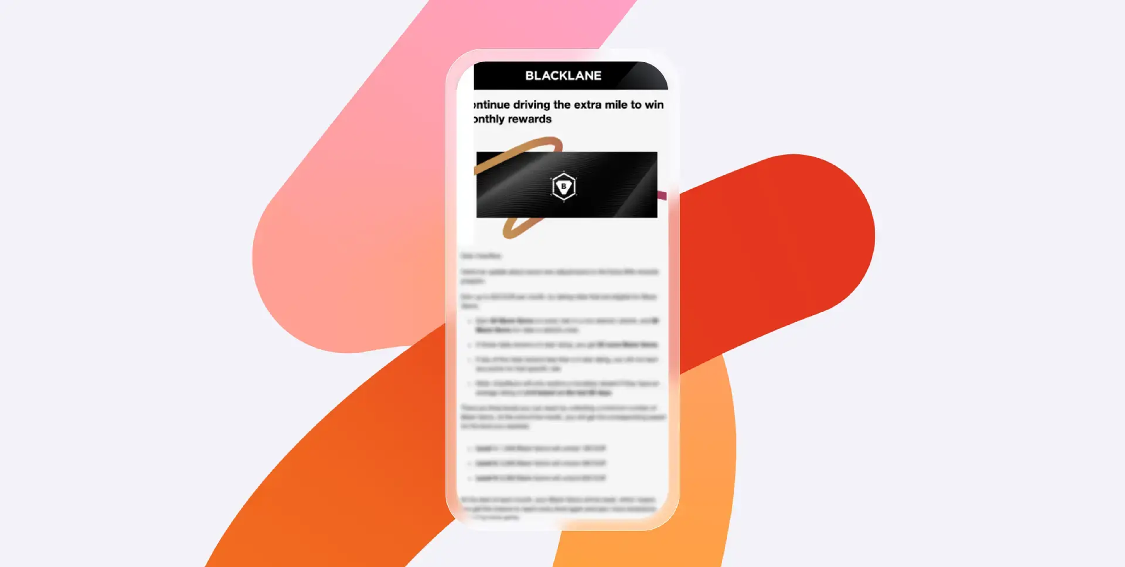 スマートフォンに、抽象的なカラフルな形状を背景に、ブラックカードグラフィックをフィーチャーした、blacklaneからの月間rewardに関するメールが表示されている