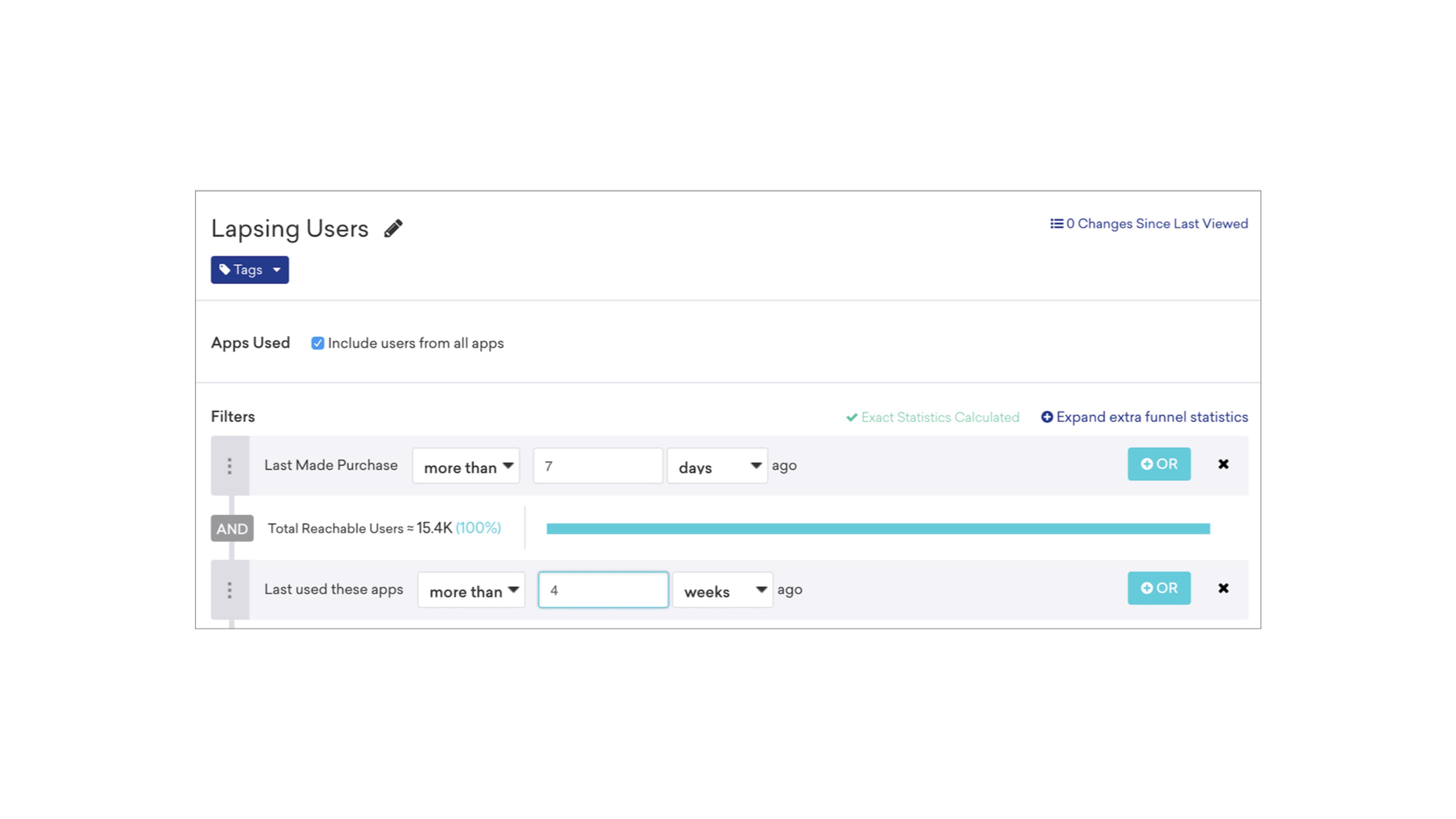 A user interface displaying filters for identifying lapsing users, including options for last mode purchase and total reachable users.
