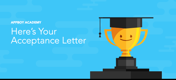 A smiling trophy wearing a graduation cap against a blue background, accompanied by the text "Here's Your Acceptance Letter.