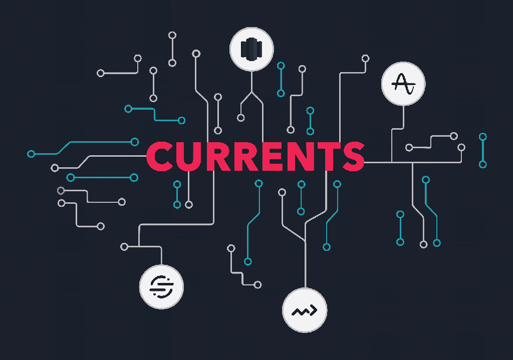 A graphic featuring the word "CURRENTS" in bold pink letters, surrounded by circuit-like lines and icons representing various data signals.