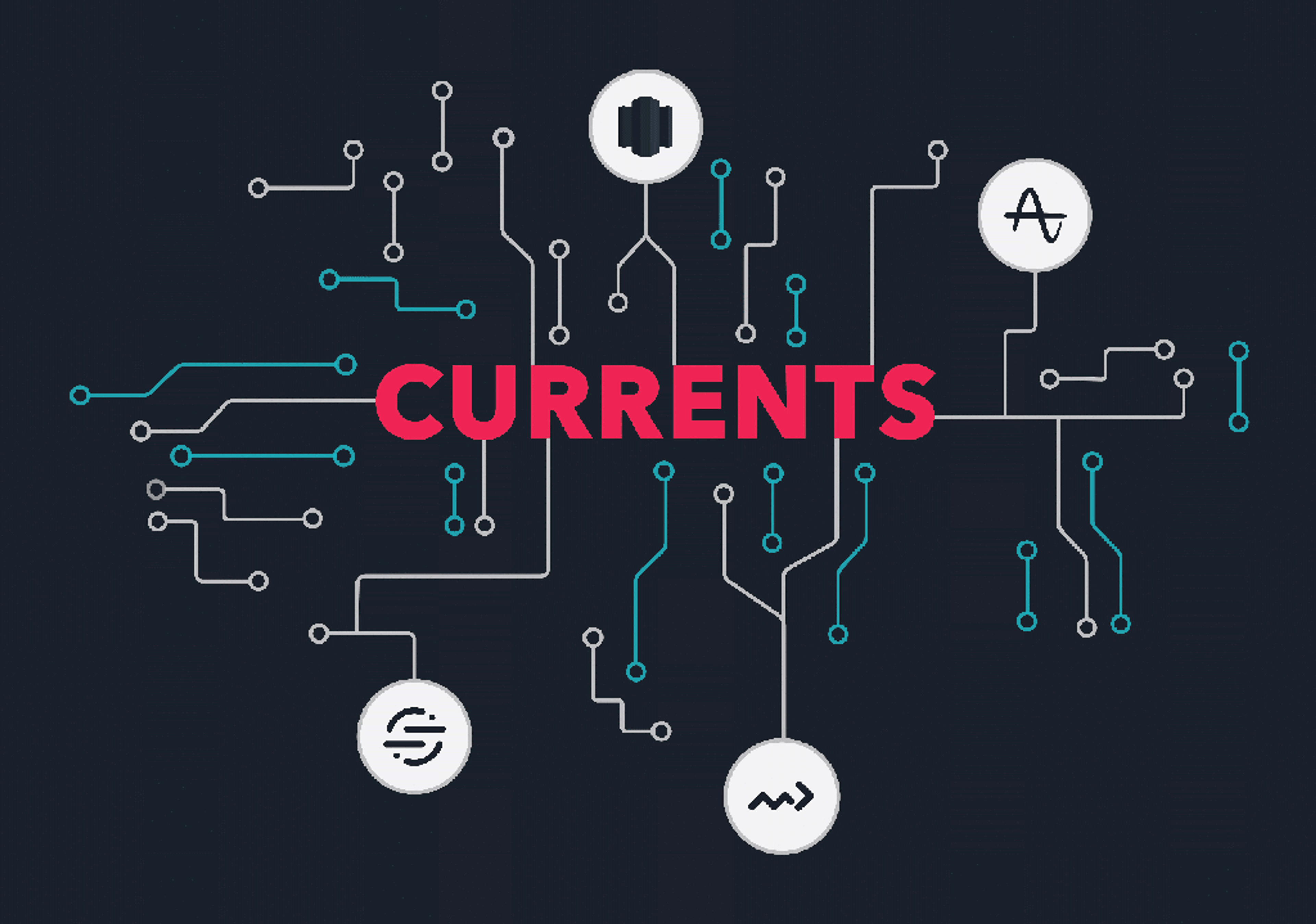 A graphic featuring the word "CURRENTS" in bold pink letters, surrounded by circuit-like lines and icons representing various data signals.