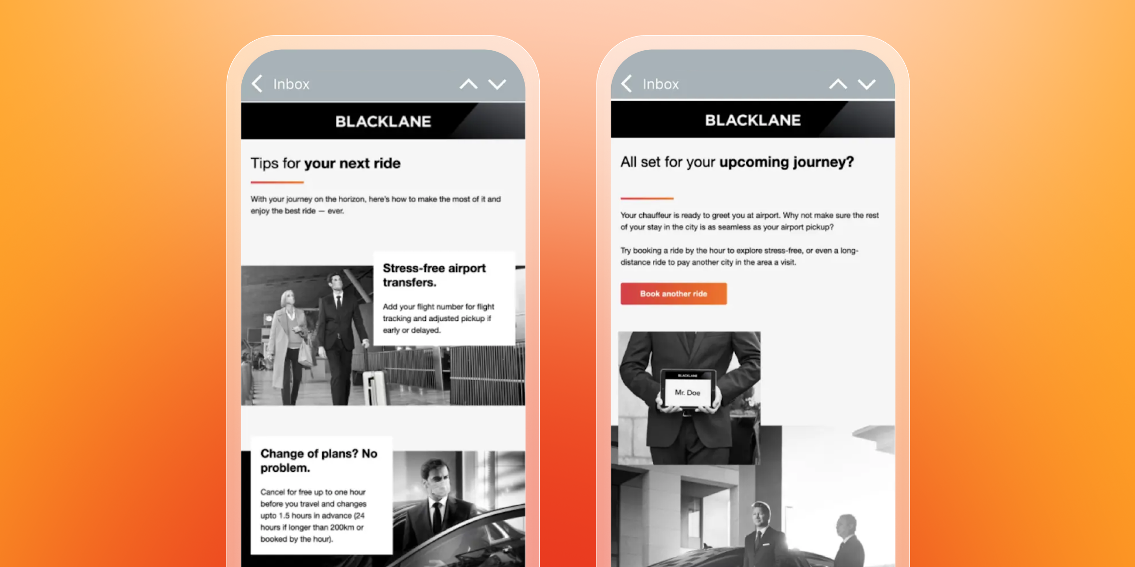 a phone screen displays an email from blacklane