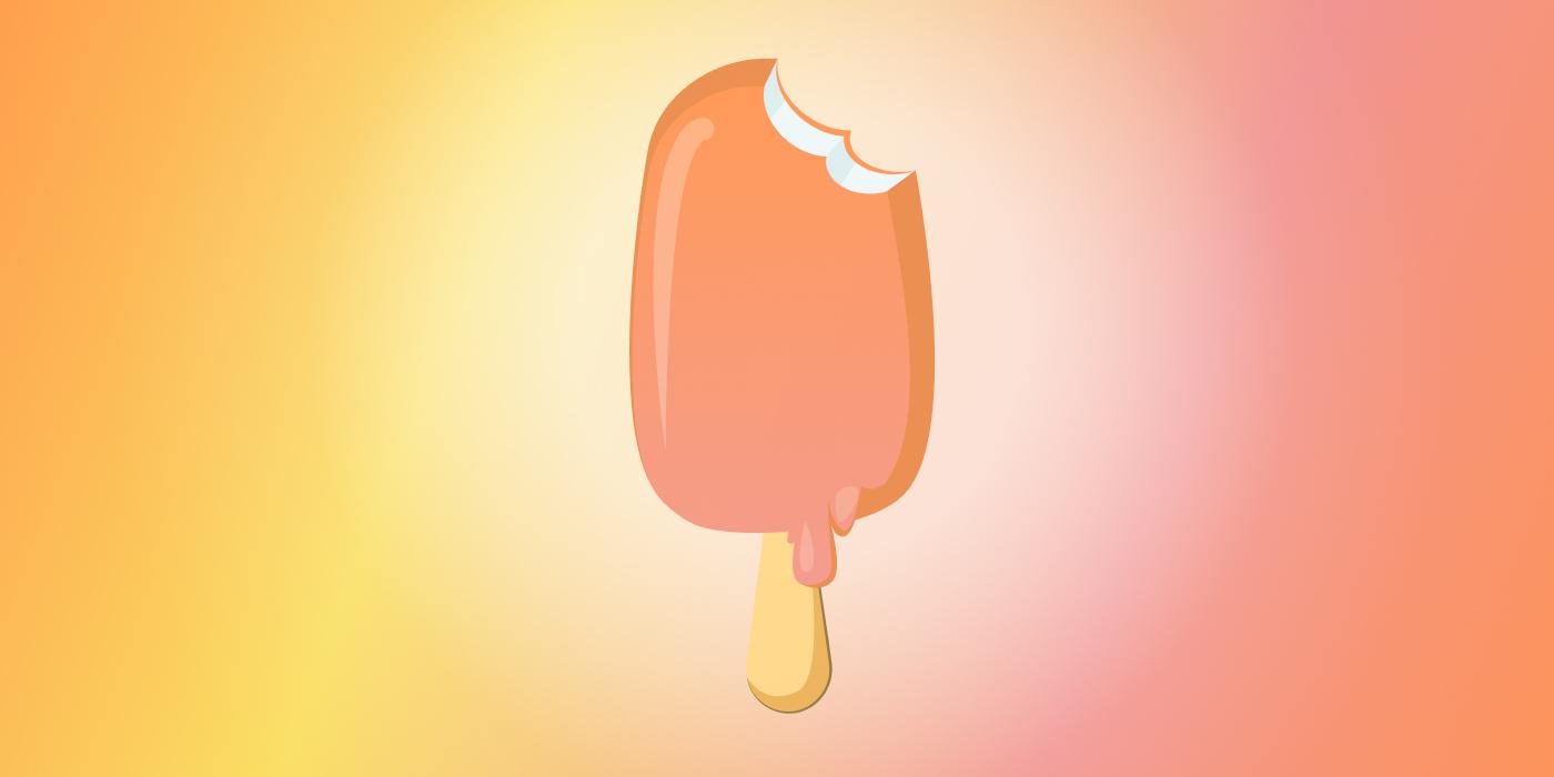 A bitten orange popsicle on a gradient pink and yellow background. The popsicle is melting slightly, with drips of orange liquid.