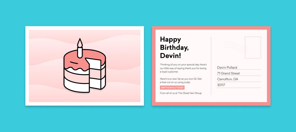 A cartoon birthday cake with a candle on top is shown on the left. The right side features a birthday postcard addressed to Devin Pollack with a message and mailing details.