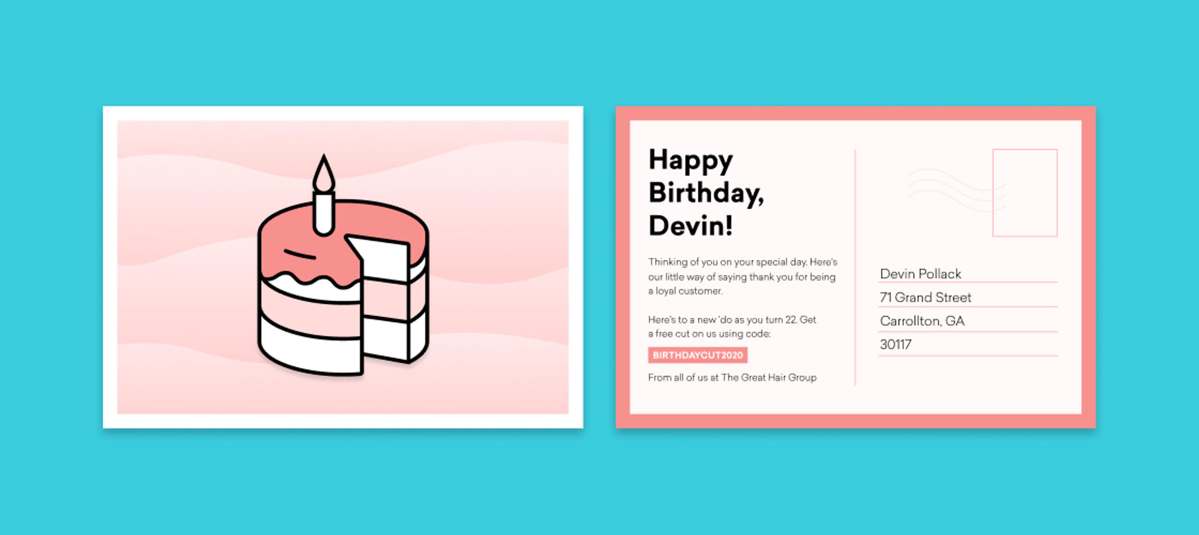 A cartoon birthday cake with a candle on top is shown on the left. The right side features a birthday postcard addressed to Devin Pollack with a message and mailing details.