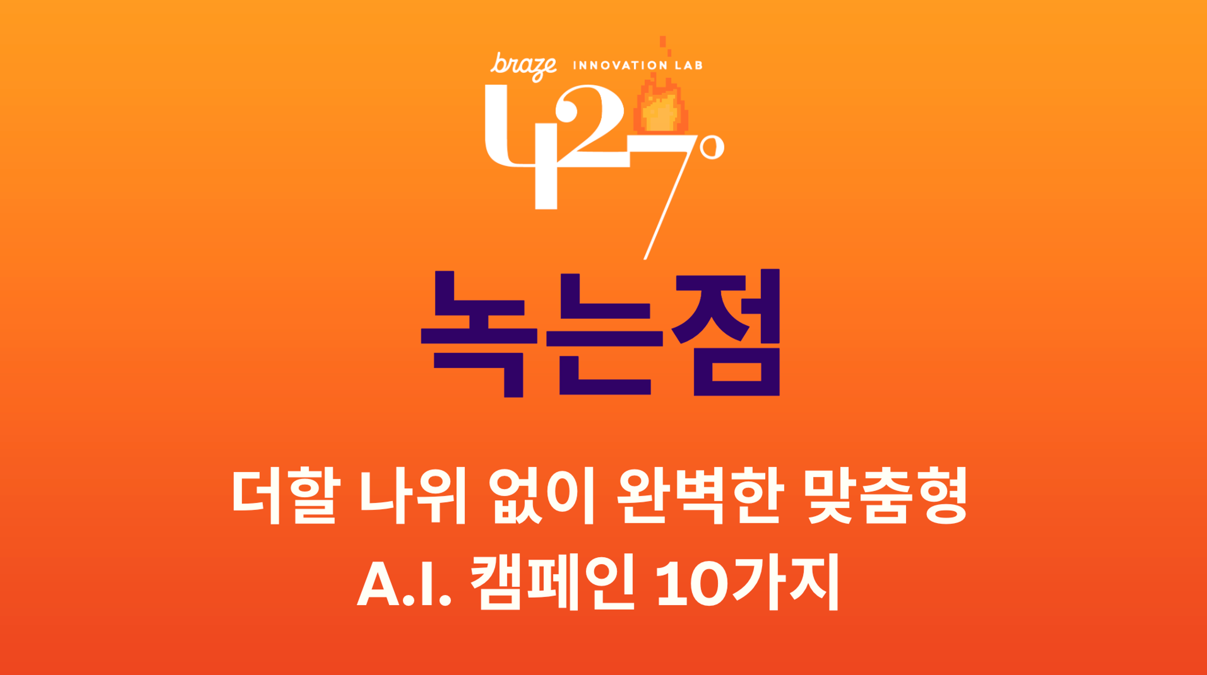 Braze Innovation Lab U 42° logo and text: 'Melting Point: 10 perfect customized A.I. campaigns' on an orange background.