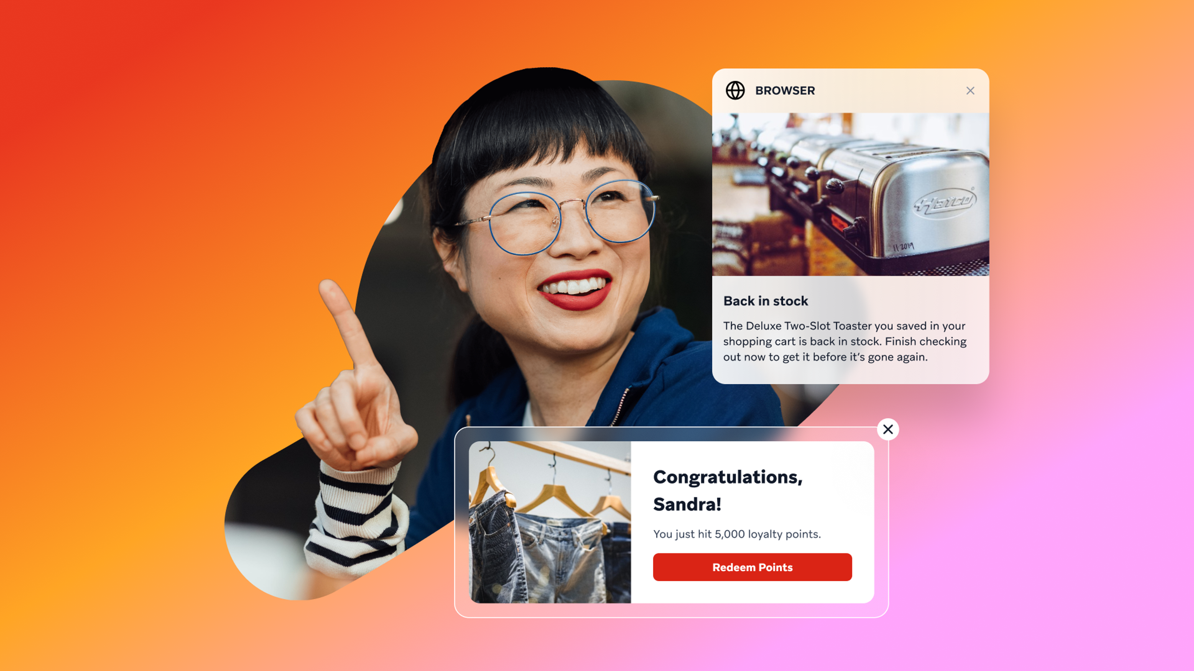 Smiling woman points to digital pop-ups displaying a back-in-stock toaster and loyalty points.