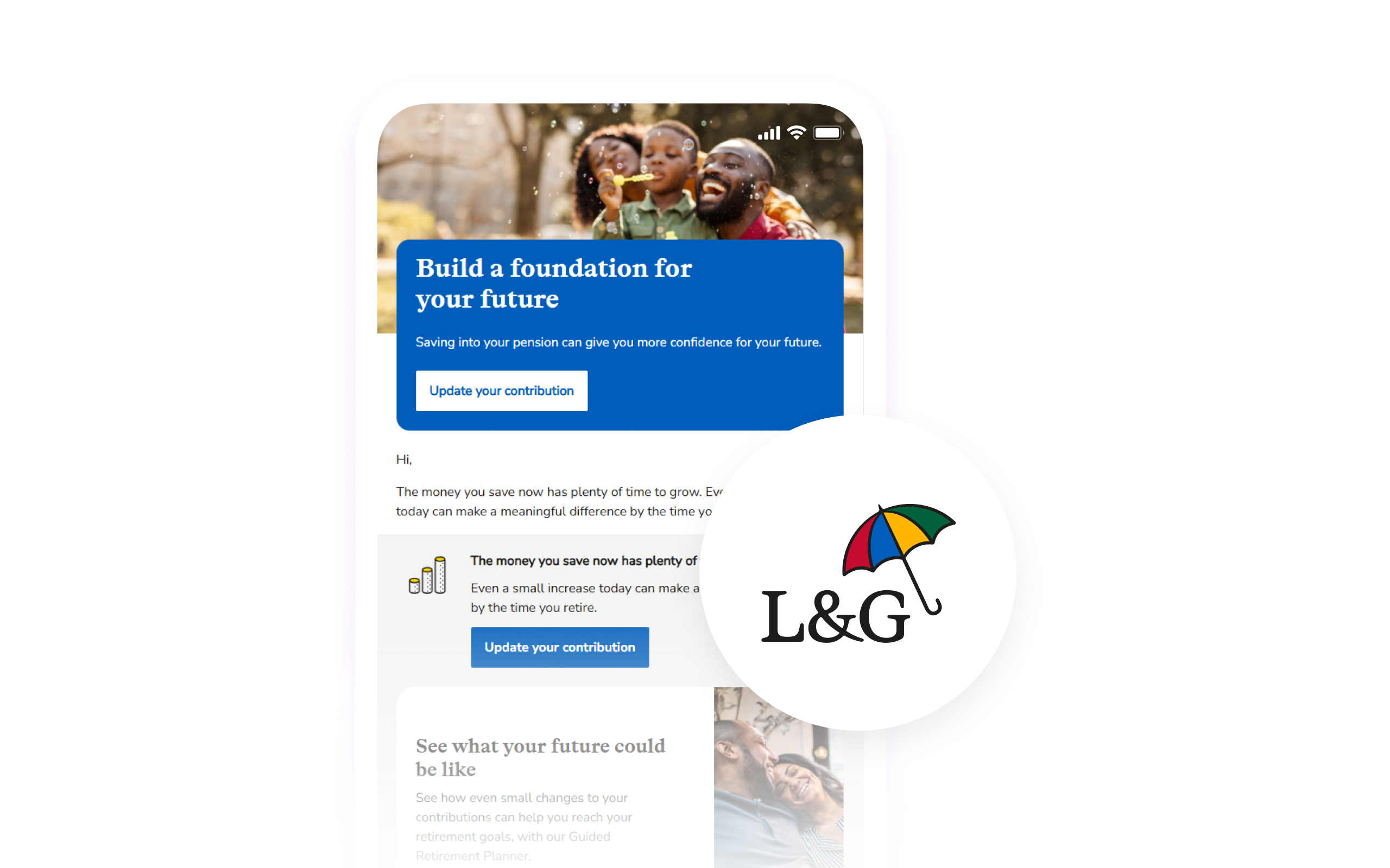 年金情報とL&Gのロゴが表示された金融アプリを起動したスマートフォン。