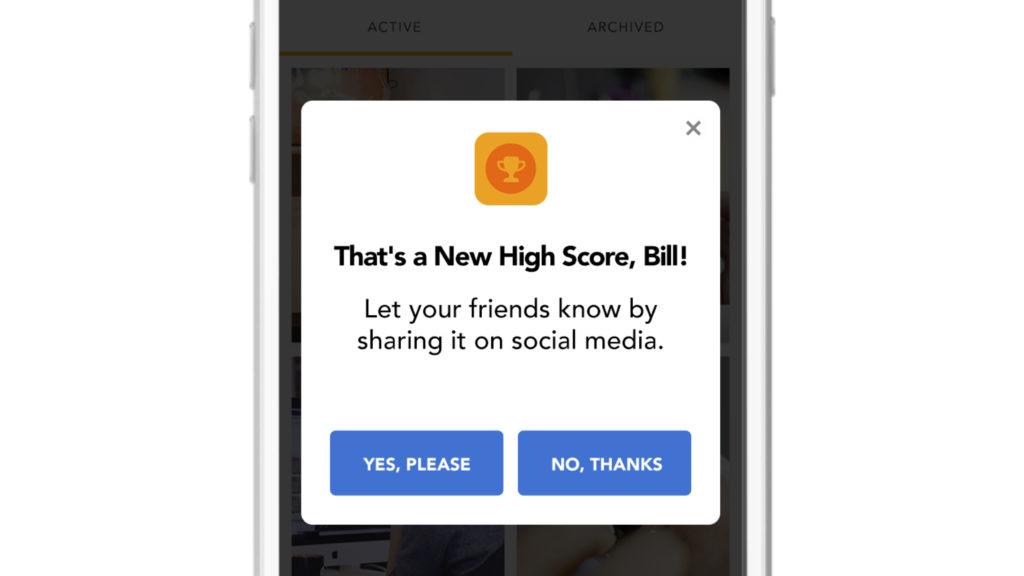 A pop-up notification on a mobile device congratulating a user named Bill for achieving a new high score, with options to share on social media.