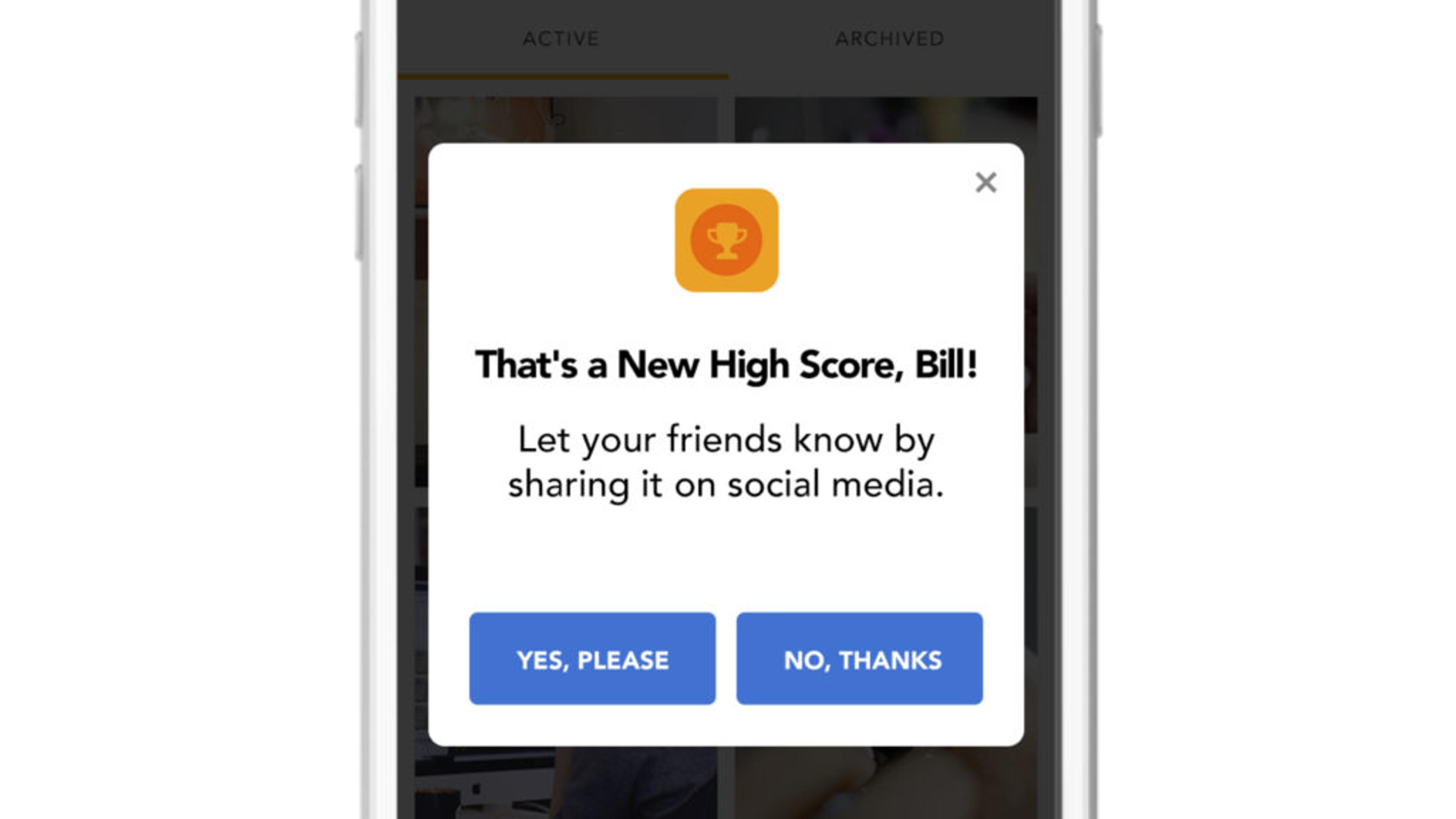 A pop-up notification on a mobile device congratulating a user named Bill for achieving a new high score, with options to share on social media.