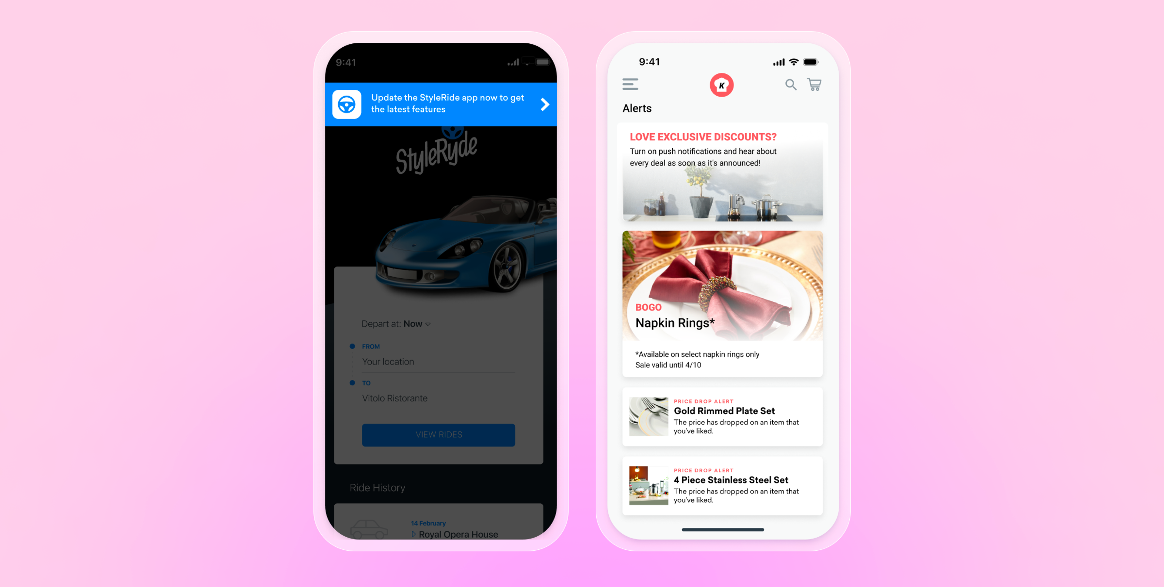two cell phones with one showing a car and the other showing napkins rings