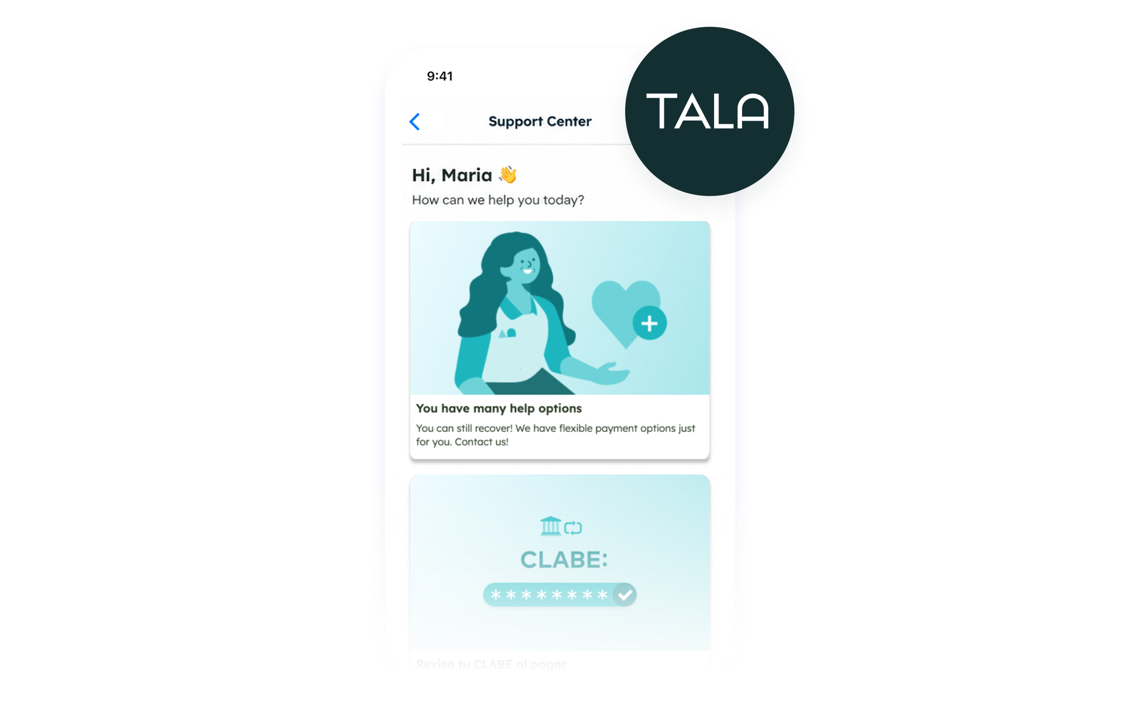A message from Tala saying Hi Maria for its support center