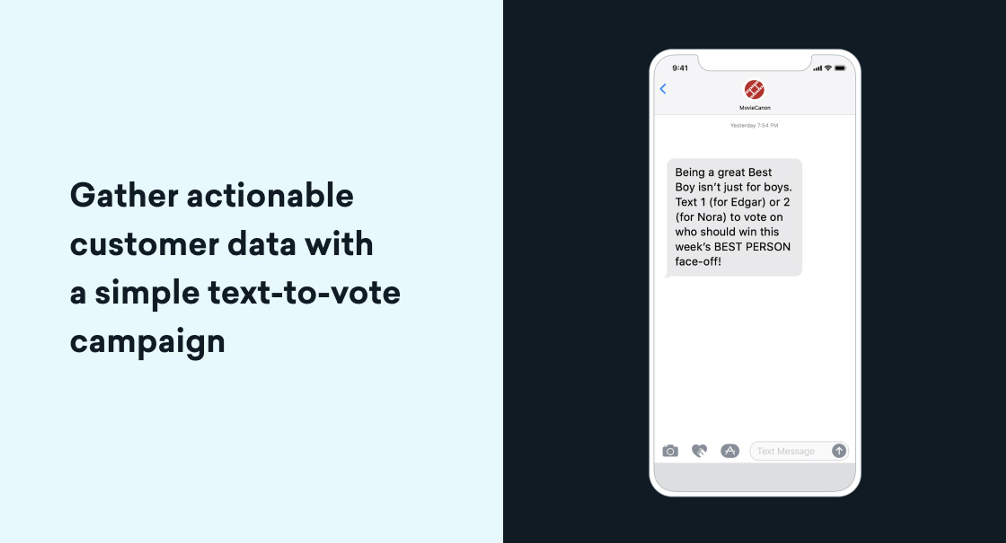 Graphic showing the text “Gather actionable customer data with a simple text-to-vote campaign” beside a smartphone screen displaying a sample voting text message conversation.