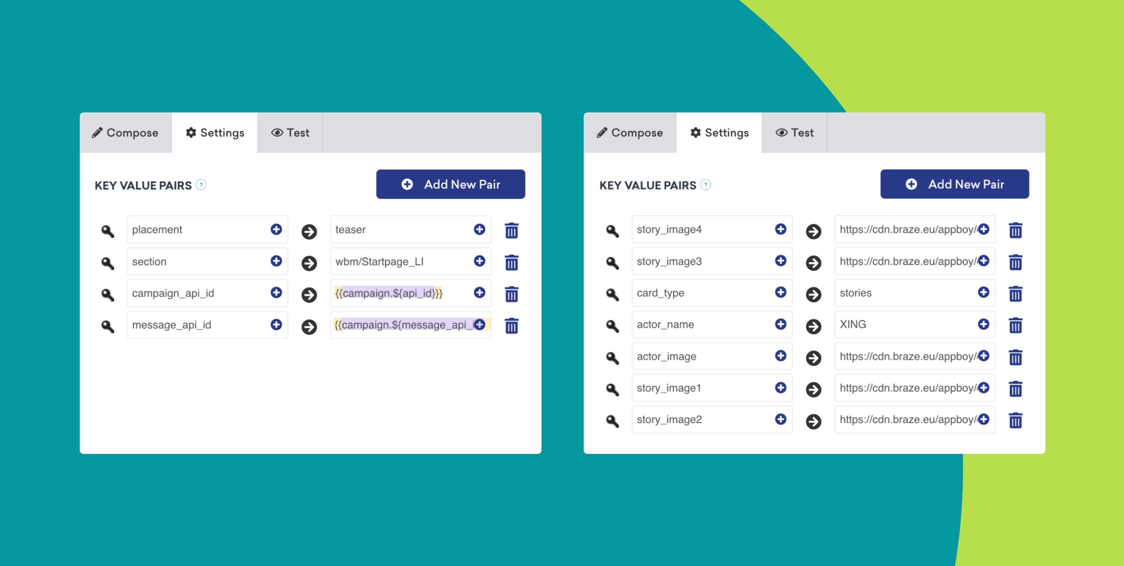 Two side-by-side panels displaying key-value pairs for a campaign setup, with options to add new pairs. The left panel includes fields like placement and section, while the right panel lists story images and card types.