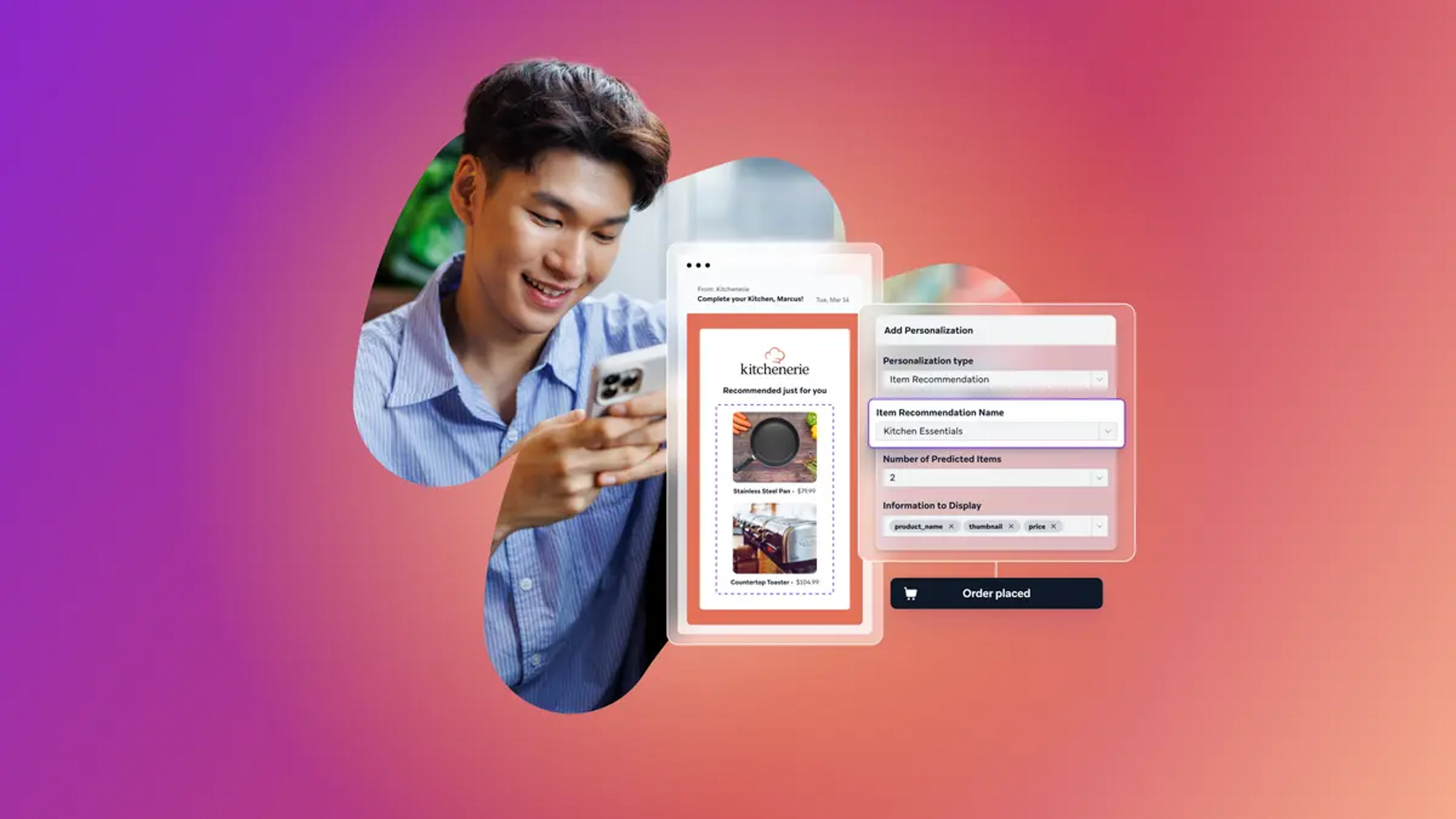 Homem visualizando recomendações de produtos em um telefone com uma sobreposição de um painel de configurações de personalização.