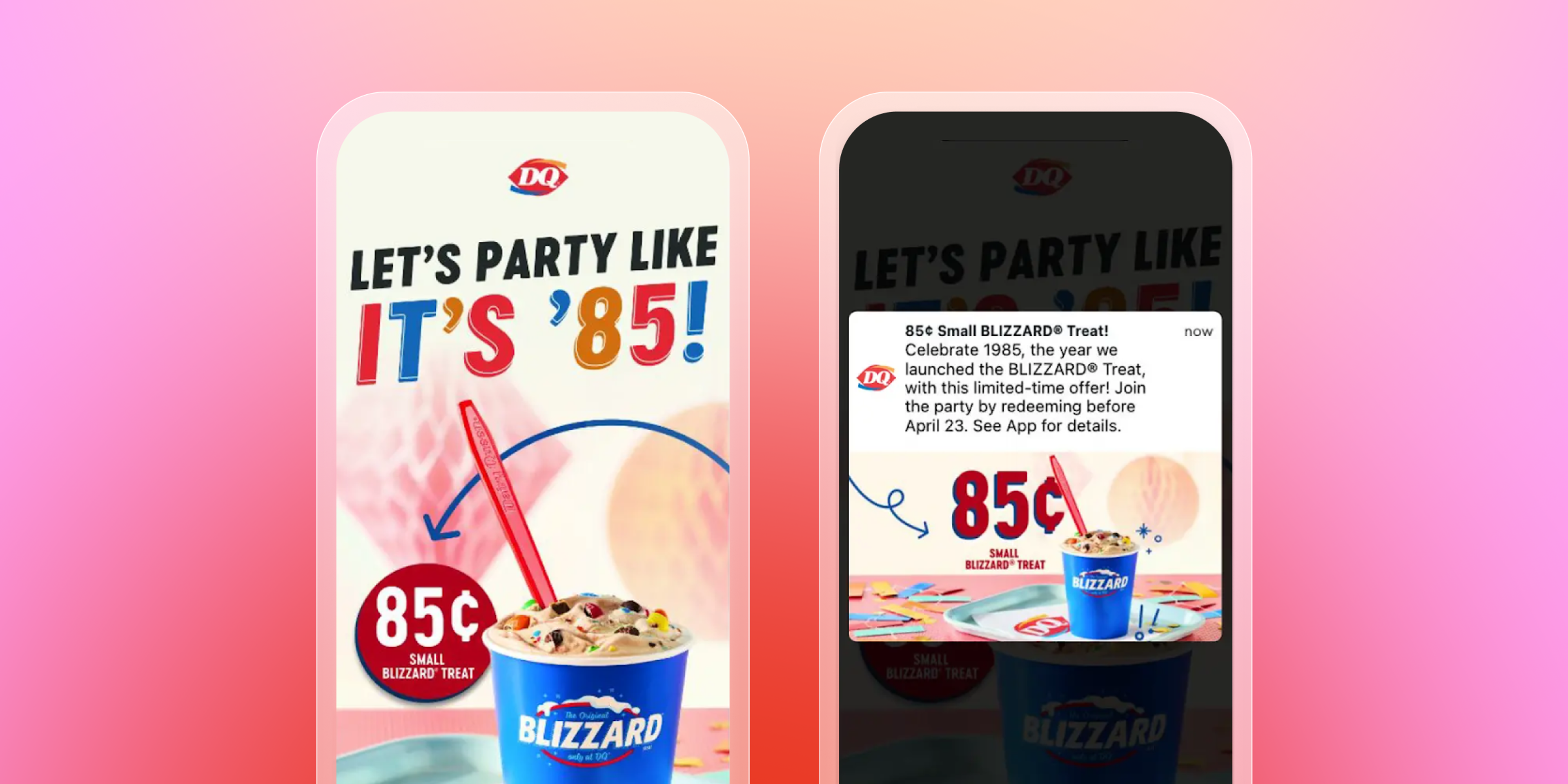 an ad for a blizzard ice cream says let 's party like it 's '85 '