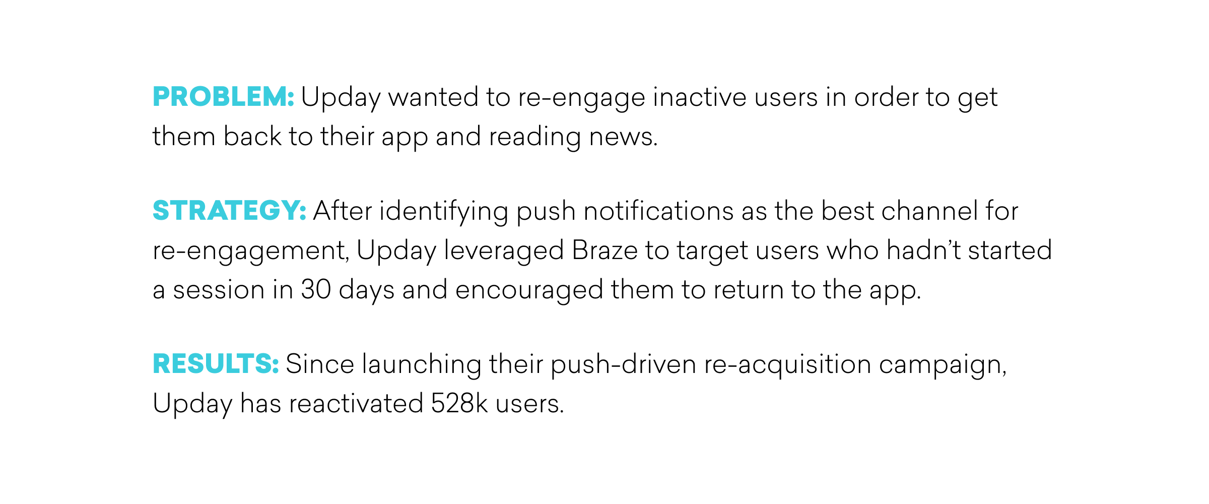a case study with a problem, strategy, and results