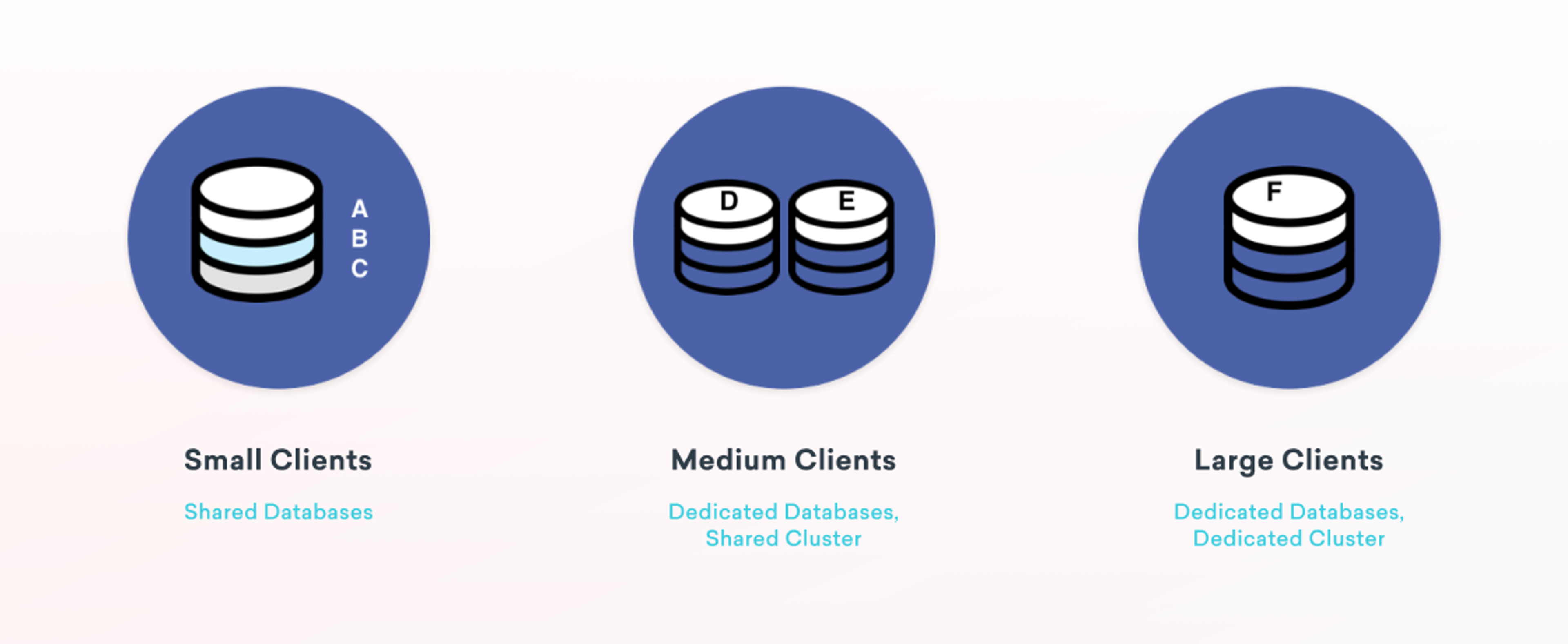 Three circular icons representing client categories: Small Clients with shared databases, Medium Clients with dedicated databases, and Large Clients with dedicated clusters. Each icon features stylized database illustrations.