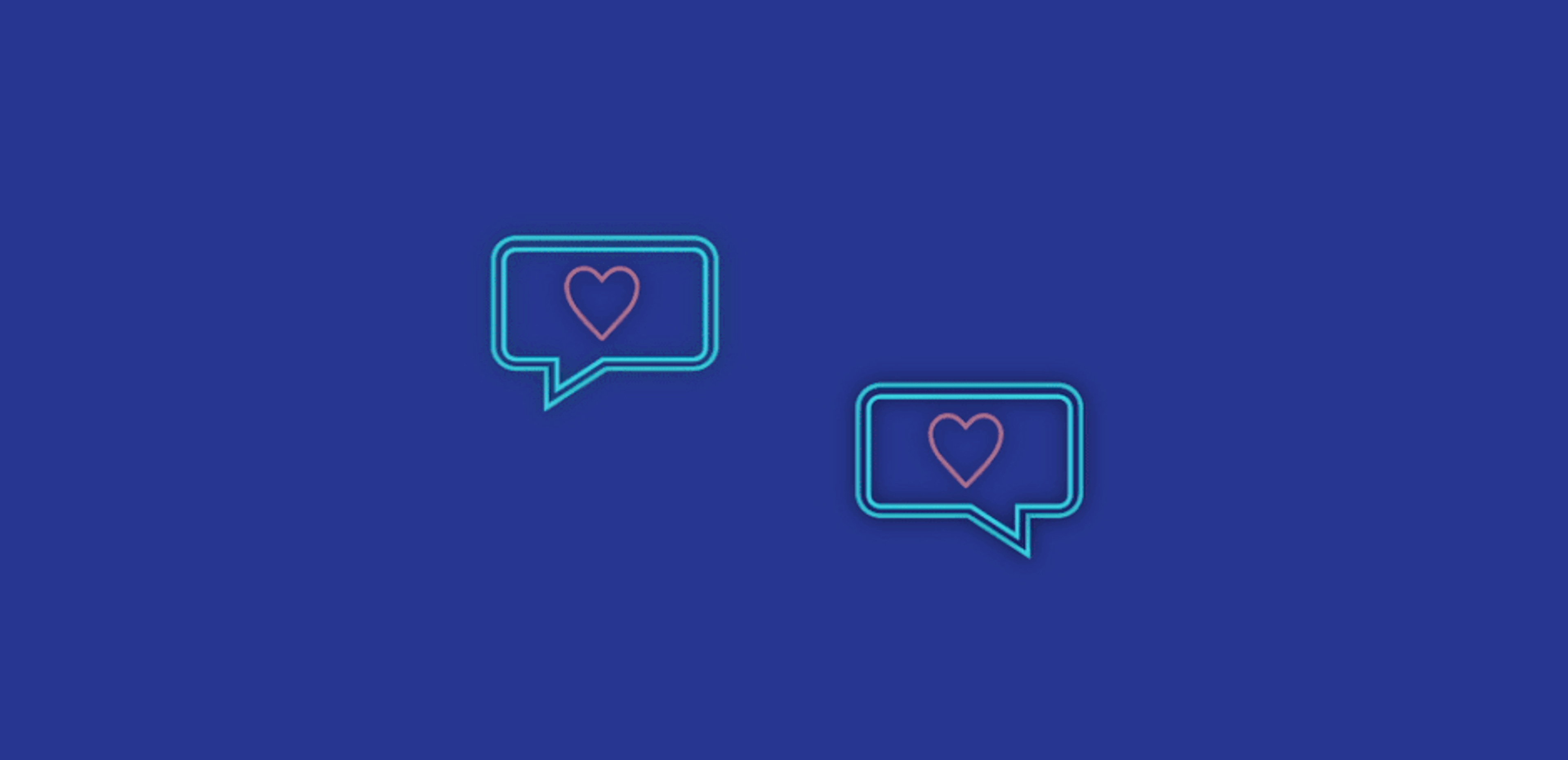 Two speech bubbles with hearts inside, set against a blue background.