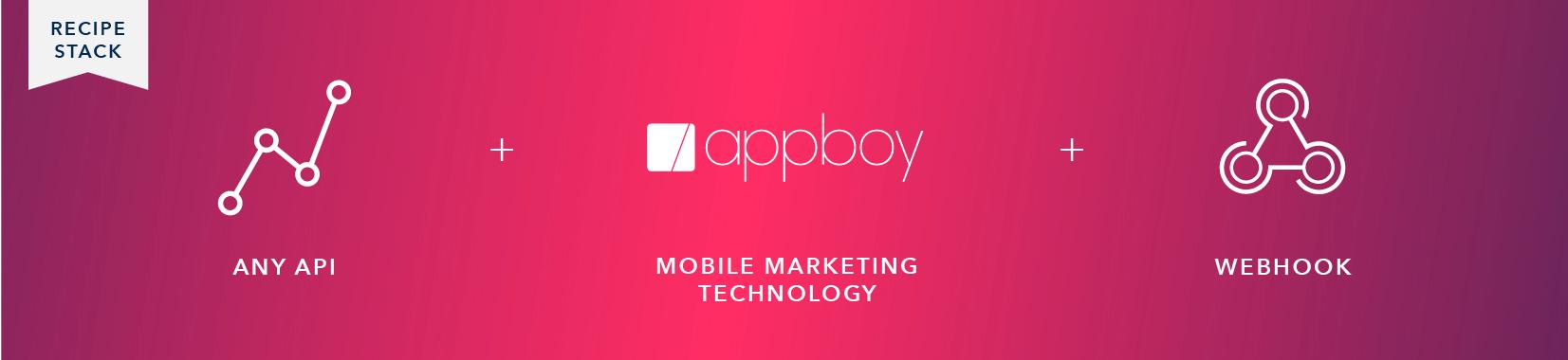 A graphic showing a recipe stack with three components: Any API, Appboy logo, and Webhook, all connected by a plus sign on a gradient pink background.