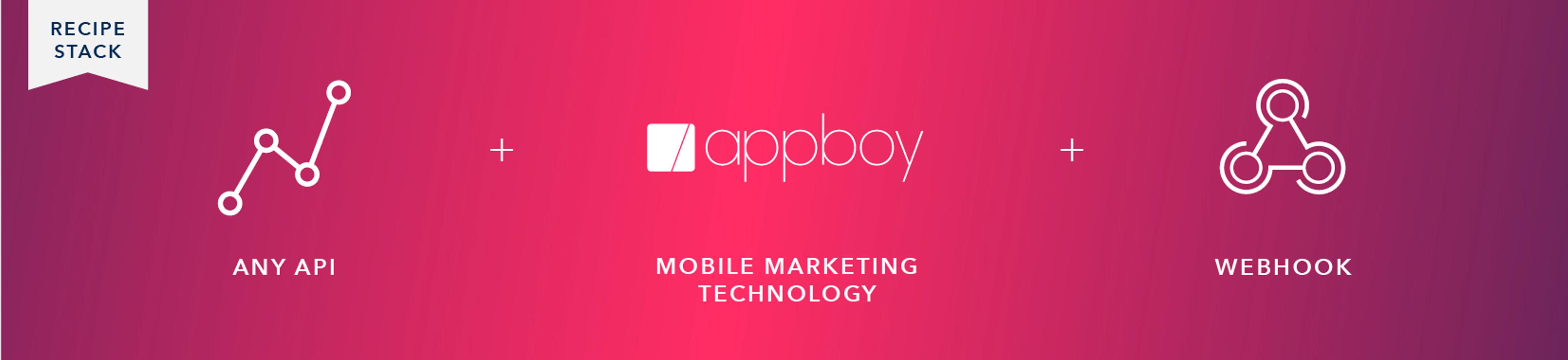 A graphic showing a recipe stack with three components: Any API, Appboy logo, and Webhook, all connected by a plus sign on a gradient pink background.