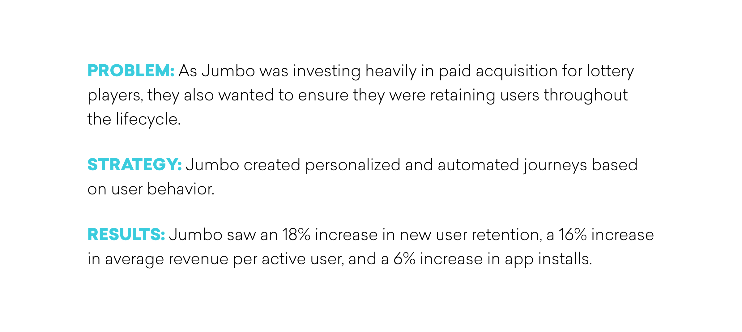 Text describing a business problem, strategy, and results related to user retention and revenue increase for a company named Jumbo.