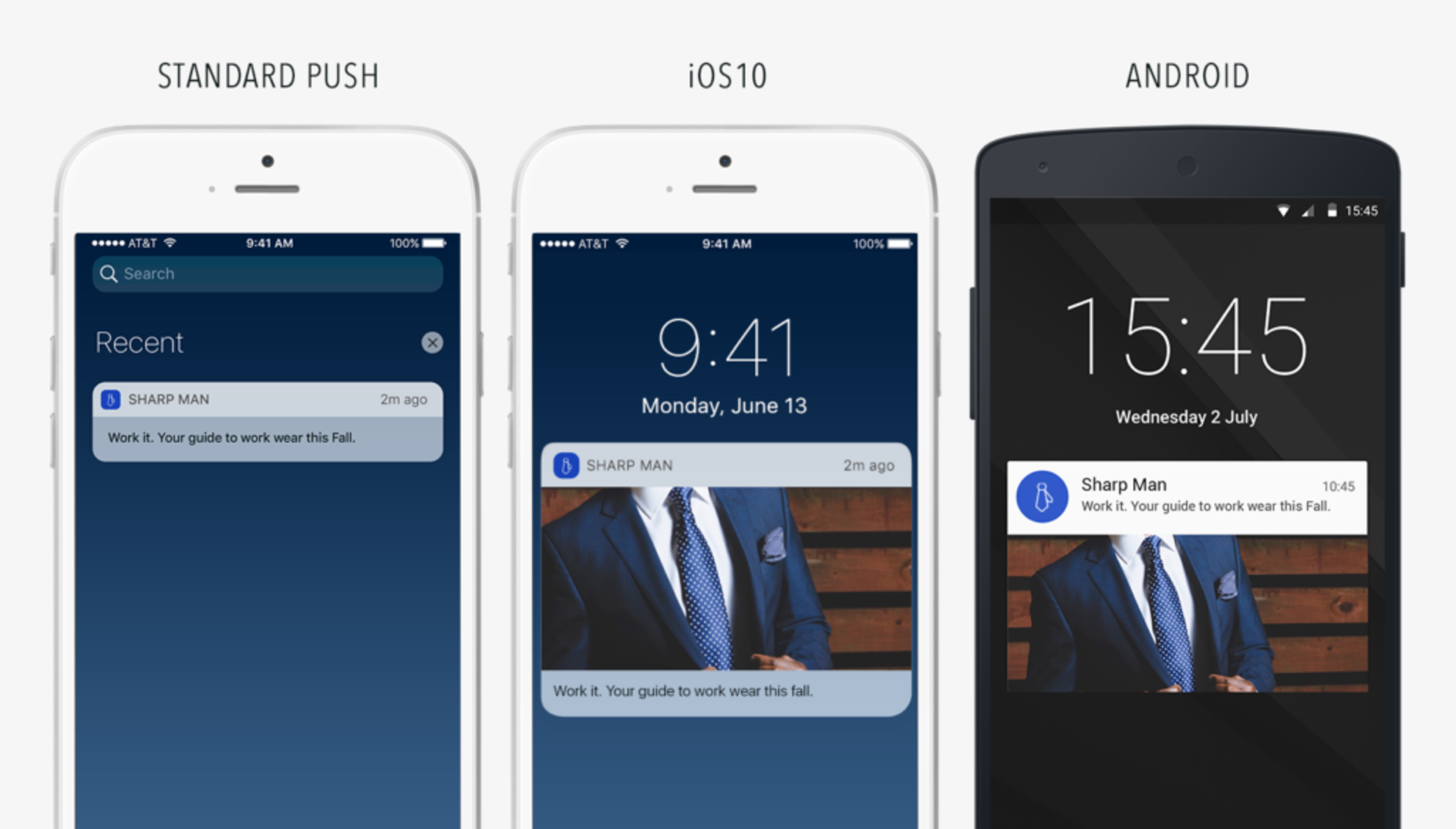 Three smartphone screens displaying notifications: a standard push notification, an iOS 10 notification, and an Android notification, all featuring the message "Sharp Man: Work it. Your guide to work wear this Fall.