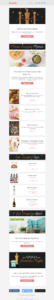 A promotional email featuring various food dishes, drinks, and special offers. The layout includes images and text highlighting menu items and events.