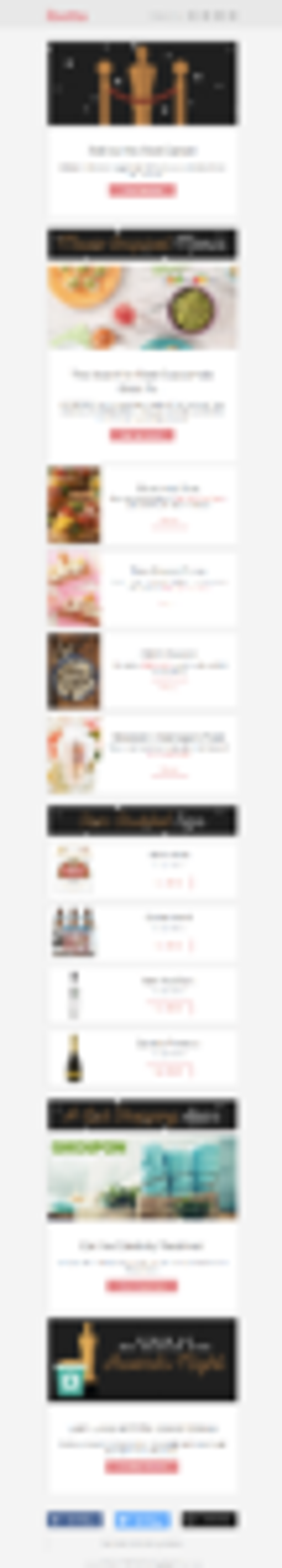 A promotional email featuring various food dishes, drinks, and special offers. The layout includes images and text highlighting menu items and events.