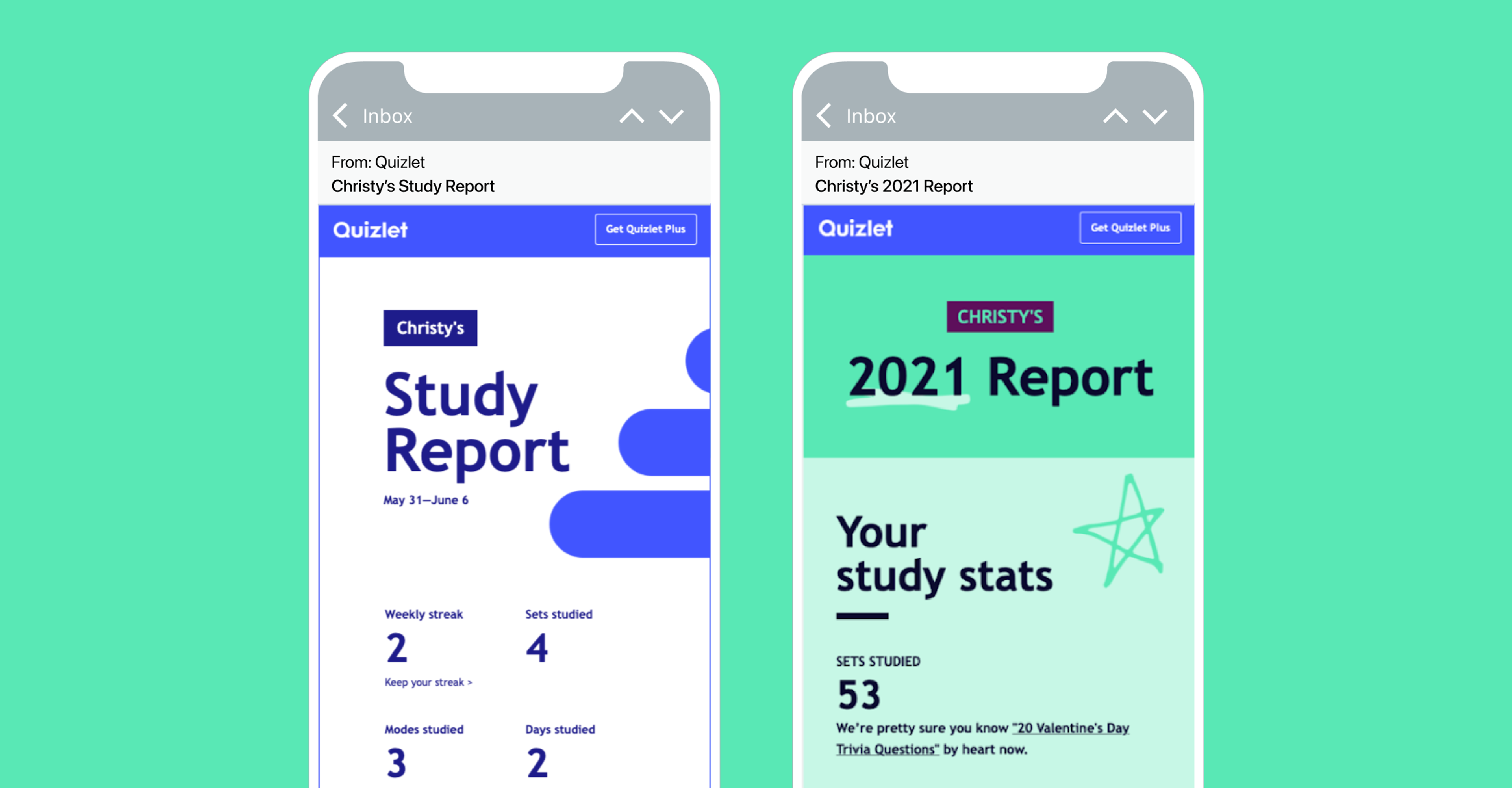 Two smartphone screens displaying a study report from Quizlet. The left screen shows weekly stats and study details, while the right screen highlights study stats for the year 2021.
