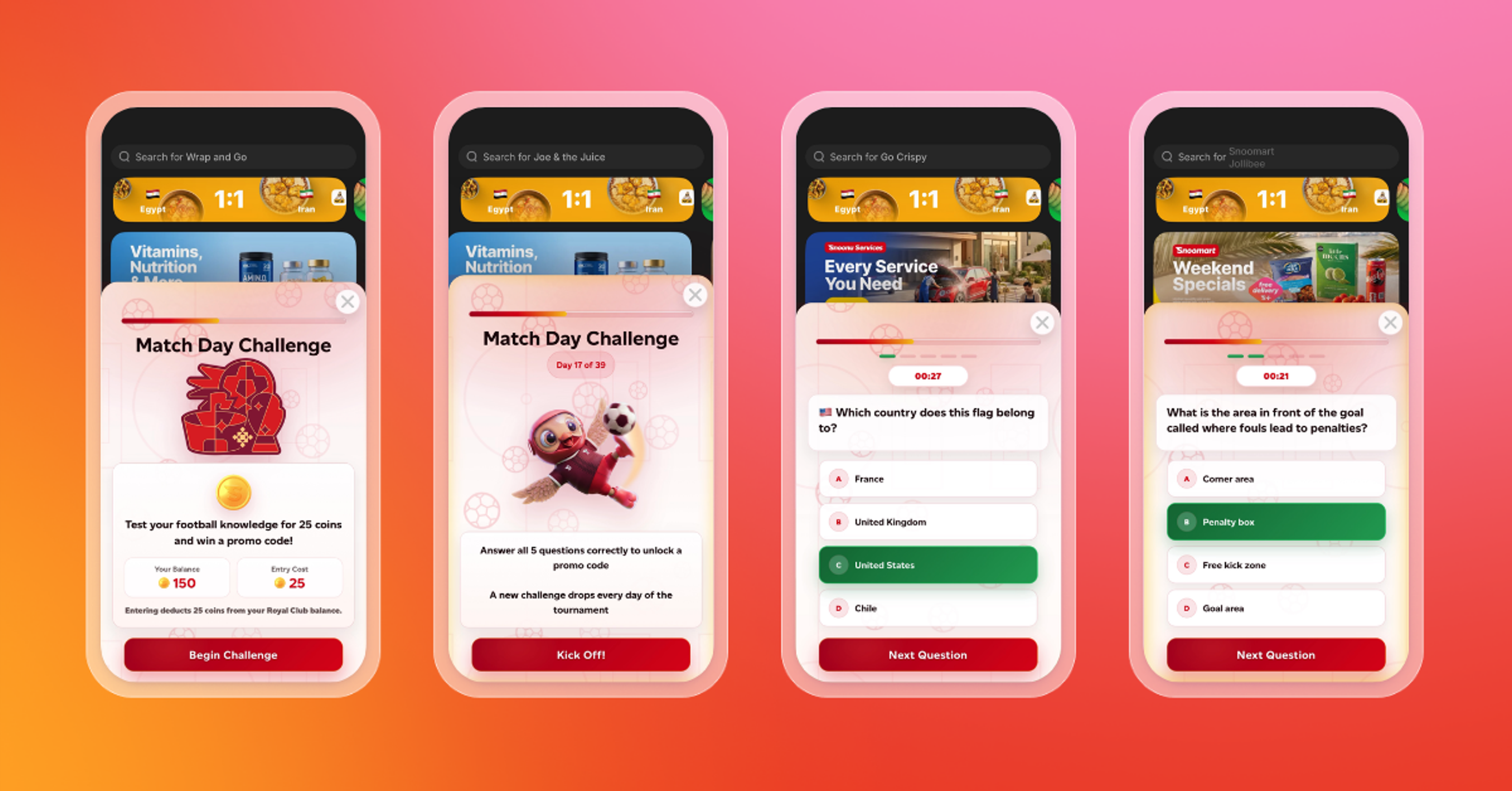Four smartphone screens show a Match Day Challenge flow, from entry and kickoff screens to timed multiple-choice soccer trivia questions.