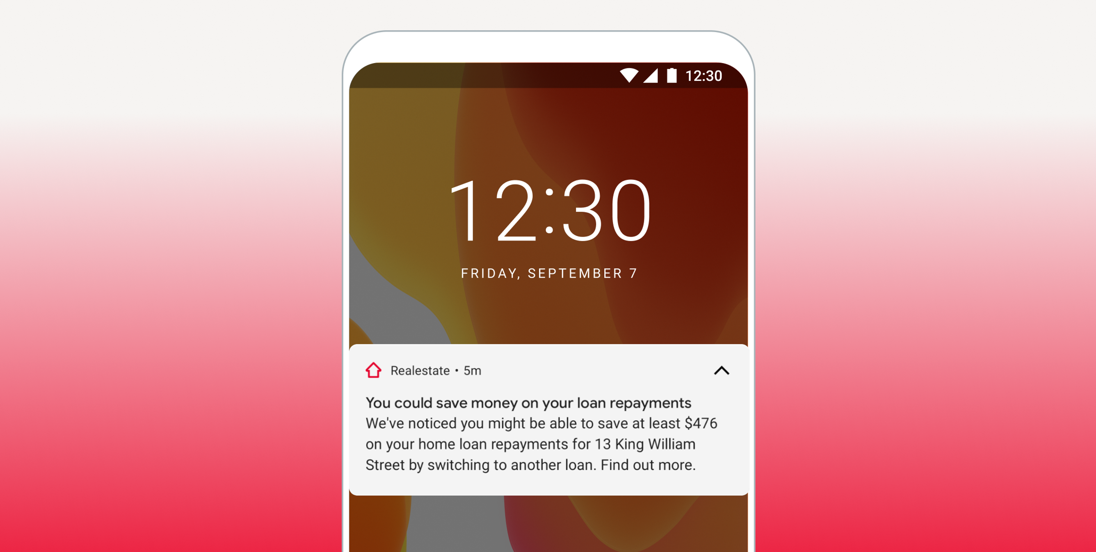 A smartphone screen displaying a notification about potential savings on loan repayments, with the date and time shown at the top. The background features a gradient from red to white.